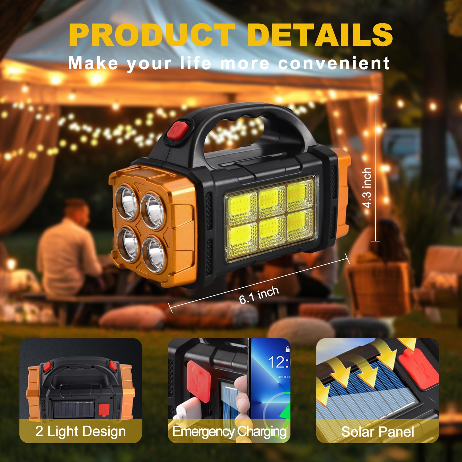 Msetgrd Solar Led Flashlight, High Lumen Handheld Rechargeable Outdoor Spotlight, 4 Light Mode Searchlight For Camping Emergencies Hunting