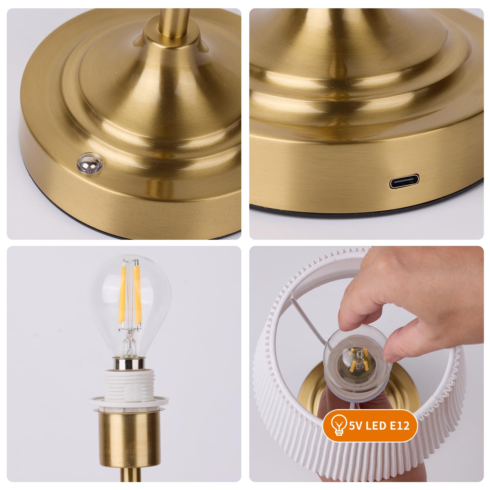 Hapygi Portable Metal Cordless Table Lamp，Built-In 5200Mah Rechargeable Battery, Dimmable Touch Small Bed Side Desk Lamp，Restaurant/Bedroom/Bar/Coffee/Night Light/Camping (Gold)