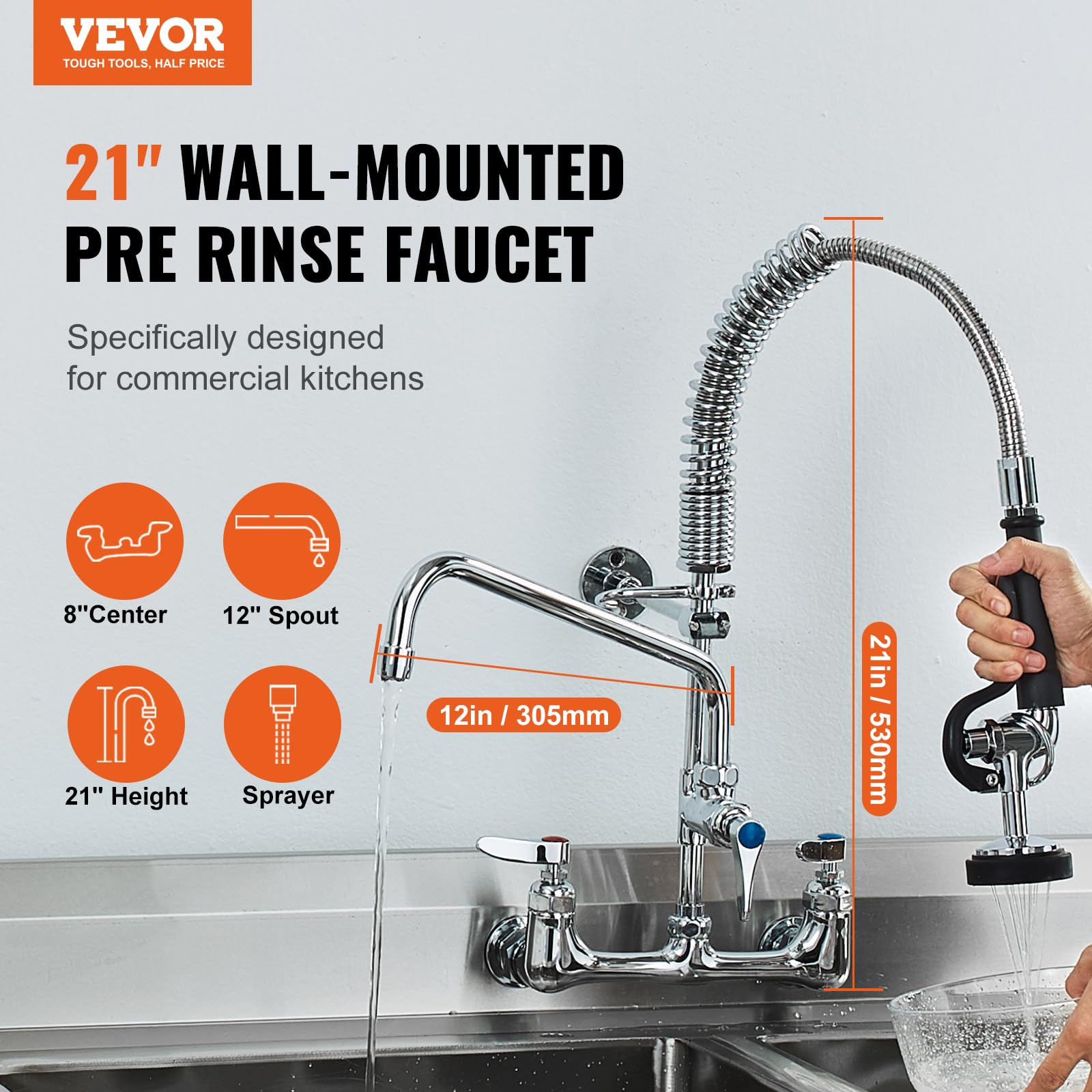 Vevor Commercial Faucet With Pre-Rinse Sprayer, 21" Height, 8" Center, 12" Swing Spout, Wall Mount Kitchen Sink Faucet, Brass Constructed Device With Pull Down Spray, For 1/2/3 Compartment Sink