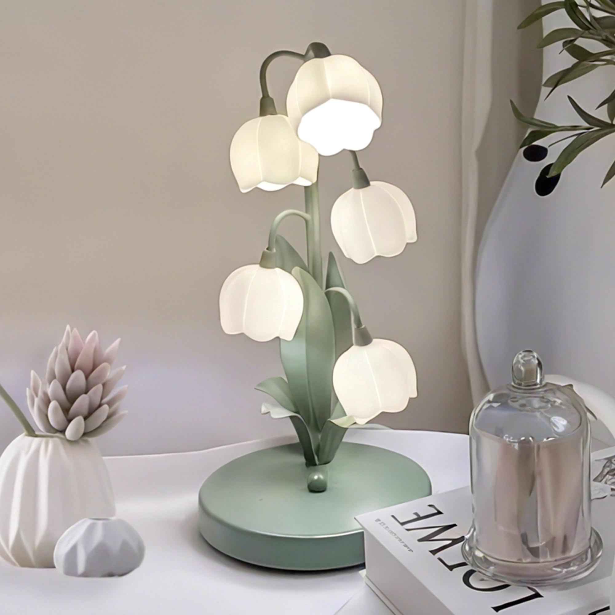 Quipzora Green Flower Lamp For Home,Bedside Vintage Table Lamps,5 Lily Of The Valley Reading Lights,3 Colors Modes Kawaii Bedside Lamp Decor,With G4 Bulb Nightstand Light For Living Room Office Bedroom