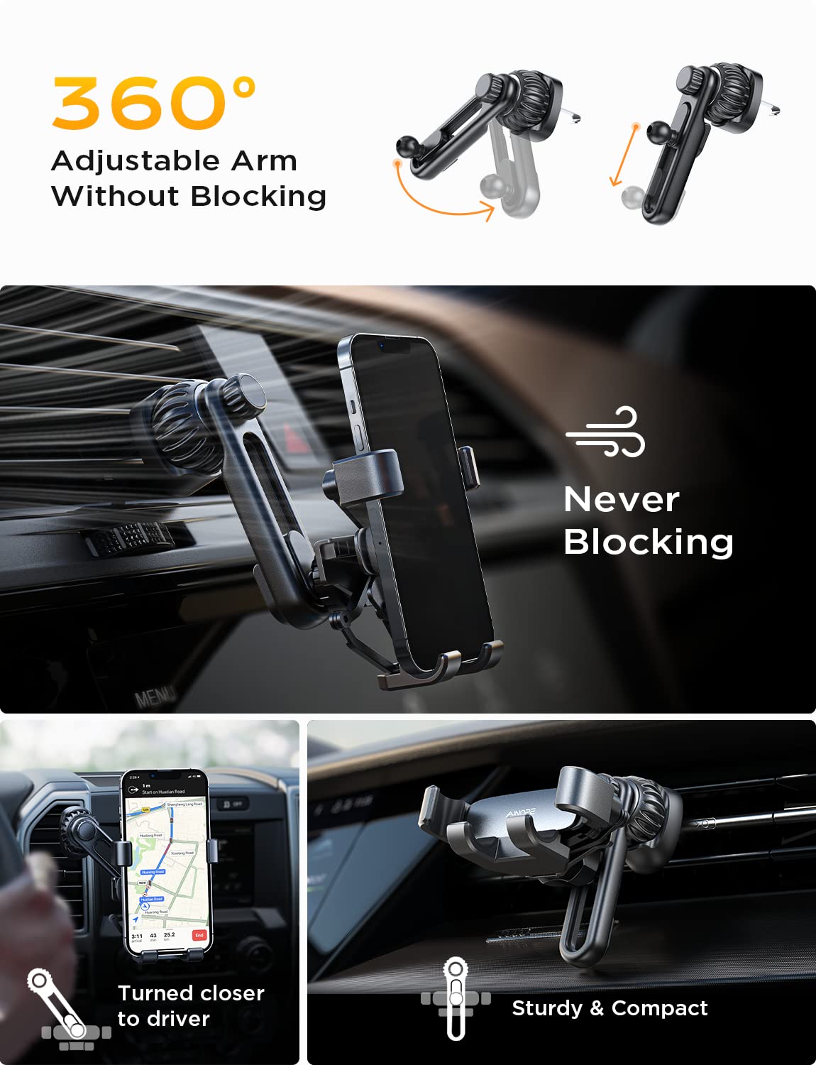 Ainope Car Phone Holder Mount  Gravity Phone Mount Holder For Car Vent With Extention&Short Air Vent Clip Never Blocking Cell Phone Holder Compatible With Iphone 16 Pro Max 15 14 13 More, Black