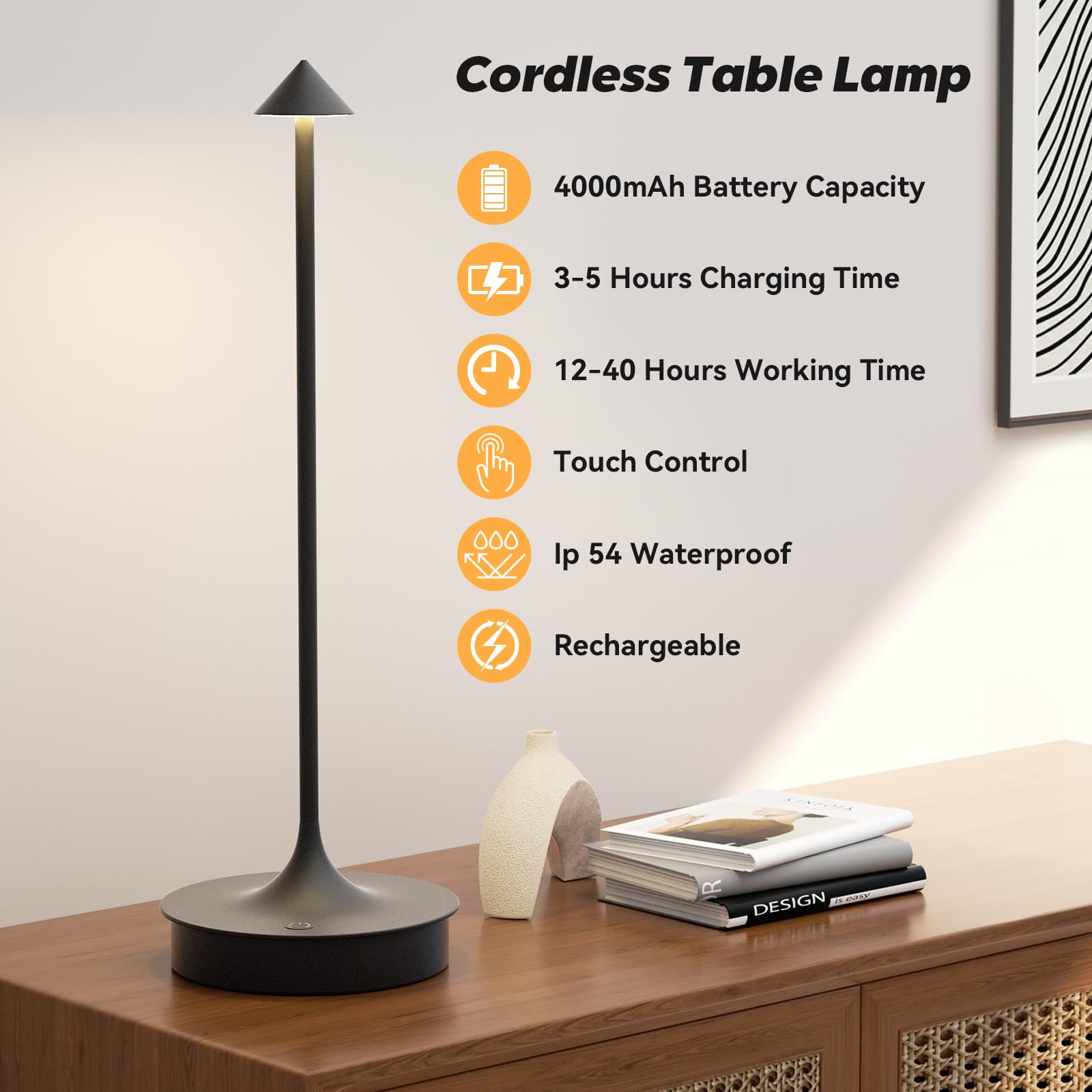 Jicai Set Of 2 Small Cordless Table Lamp Rechargeable, Battery Operated Desk Lamp, 4000Mah Led Touch Lamp, Dimmable Portable Outdoor Waterproof Wireless Table Light For Restaurants/Bars/Outdoor(Black