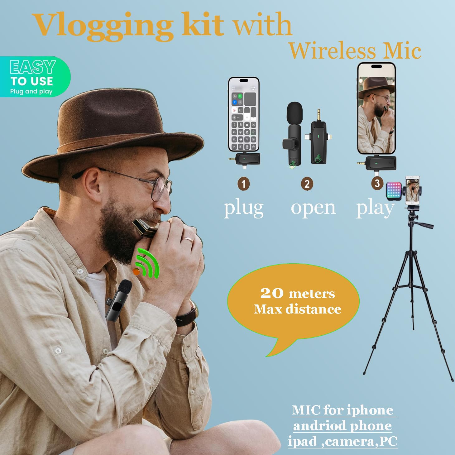 Litchitech Vlogging Kit For Iphone, Vlogging Kit For Andriod Phone, Content Creator Essentials W/Rotatableholder/Lavalier Mic/Rgb Light/Remote/Extendable Tripod (50In Tripod)