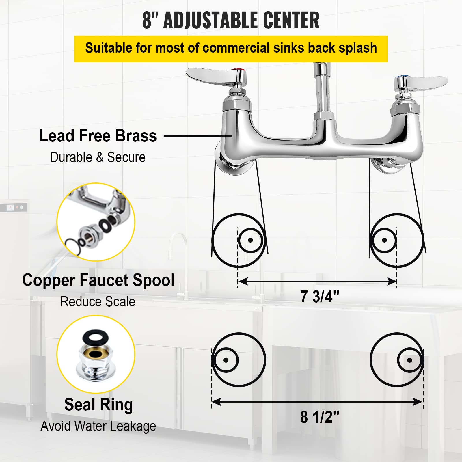 Vevor Commercial Faucet With Pre-Rinse Sprayer, 8" Adjustable Center Wall Mount Kitchen Faucet With 12" Swivel Spout, 25" Height Compartment Sink Faucet For Industrial Restaurant, Lead- Brass