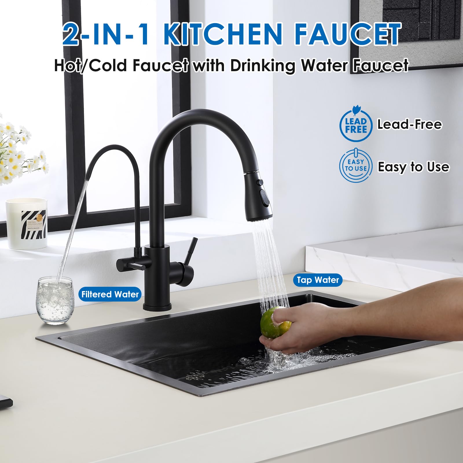 Rovogo Kitchen Faucet With Filtered Water Spout And Pull Down Sprayer, Dual Handle High Arc Kitchen Faucet With Drinking Water Spout For Water Filtration System, Stainless Steel, Black