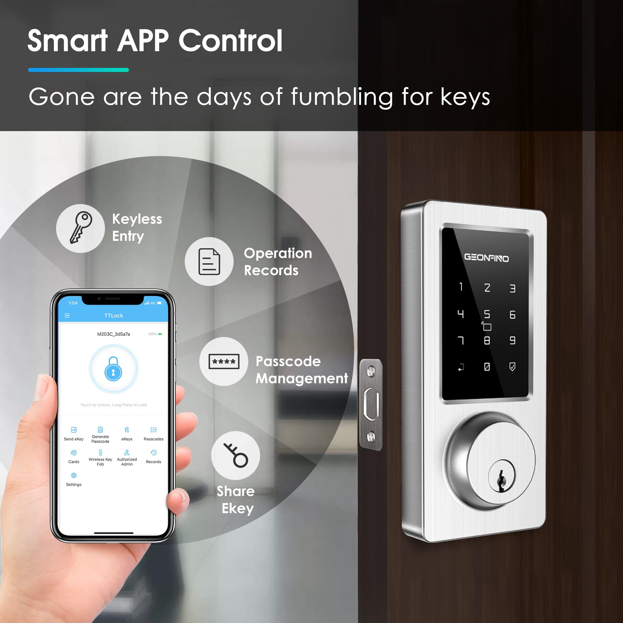 Geonfino Keyless Entry Door Lock, Smart Deadbolt Lock With Bluetooth App, Electronic Keypad, Ic Card, Spare Keys, Security Waterproof Smart Lock Easy Install Usb Ideal For Home Use, Office, Hotel.(Sliver)