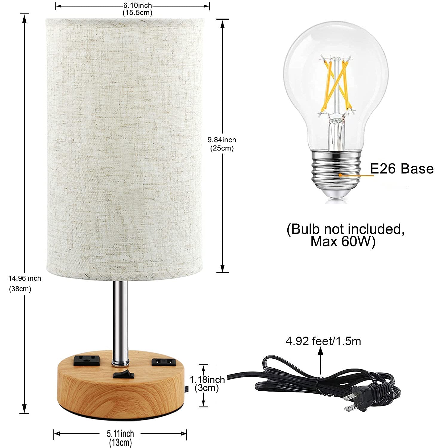 Jorunhe Usb Table Lamp Set Of 2, Nightstand Lamp With Dual Usb Charging Port And Prong Ac Outlet, Modern Desk Lamp With Linen Shade For Bedroom, Living Room, Study