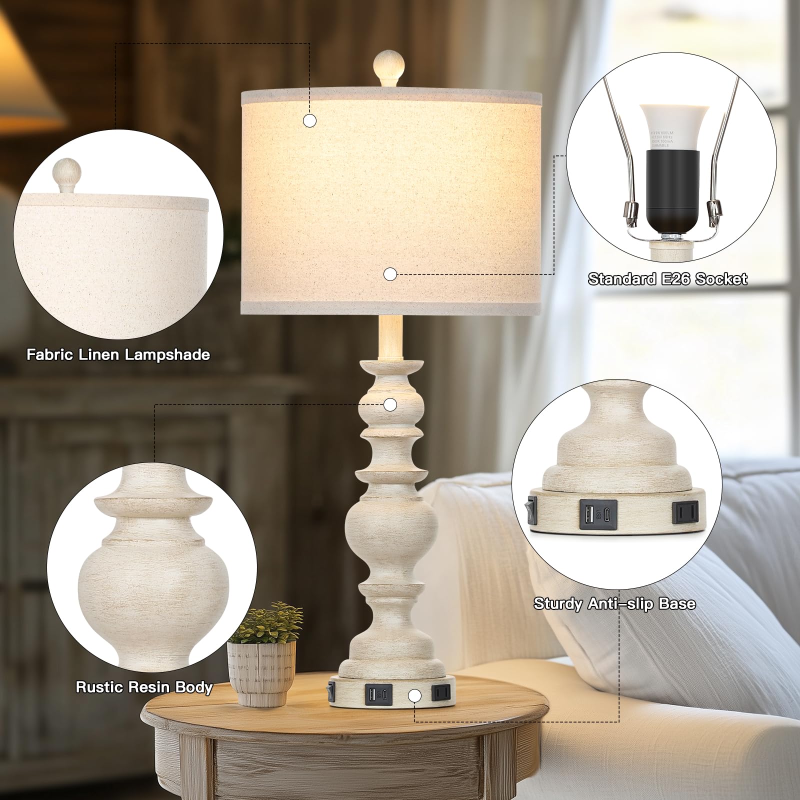 Ruzectt 27.5" Farmhouse Table Lamps Set Of 2, Rustic Living Room Lamps With Usb C+A Ports & Ac Outlet, Vintage Bedside Lamps With Linen Shade, Tradition Bedroom Lamps For Nightstand Side End Table Desk, Beige