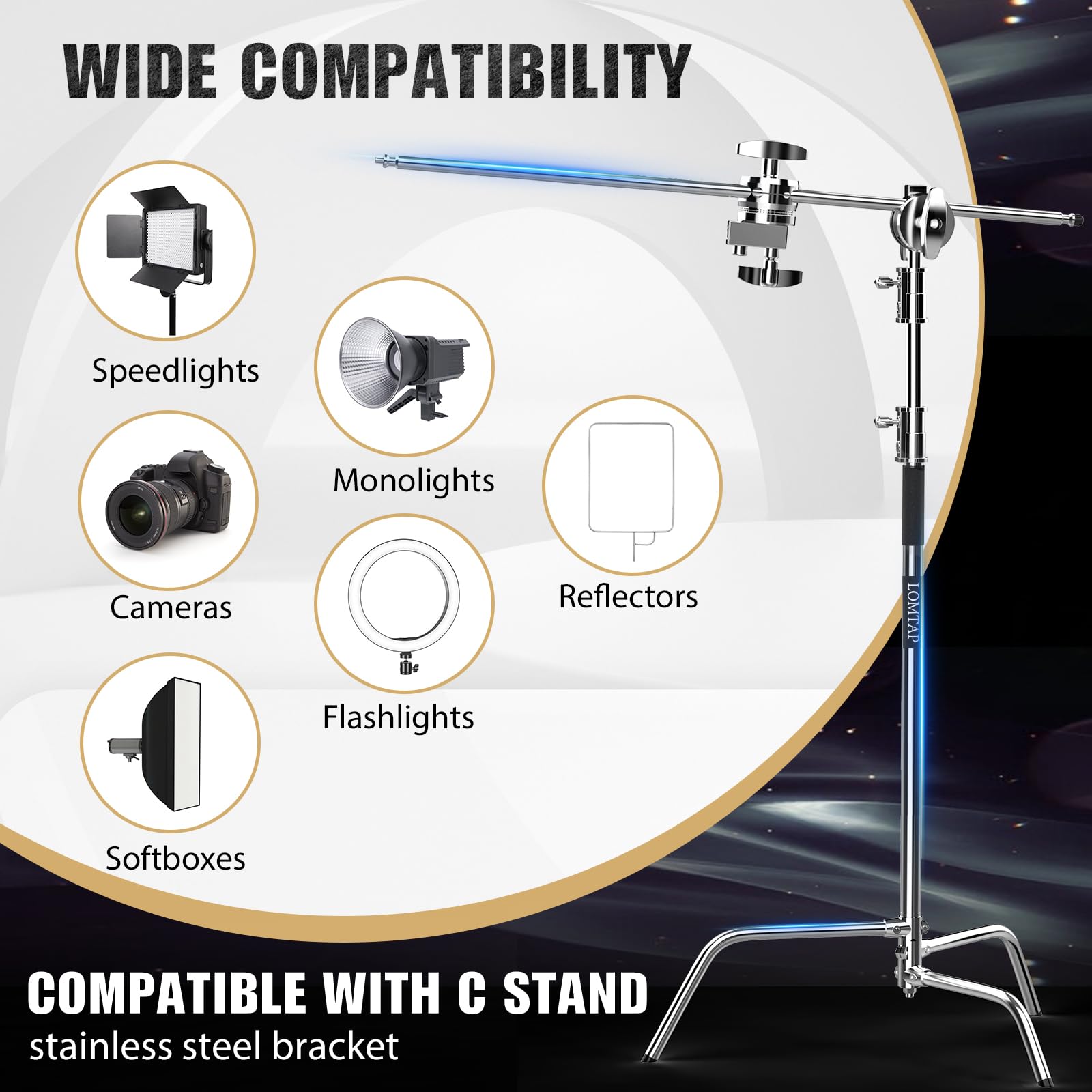 Lomtap C Stand Light Stand Stainless Metal Photography Kit - Heavy Duty 10.8Ft/330Cm Vertical Pole, 4.2Ft/128Cm Boom Arm, Adjustable Base, Water Sandbag, 2 Grip Heads, 3 Clips For Softbox, Reflector