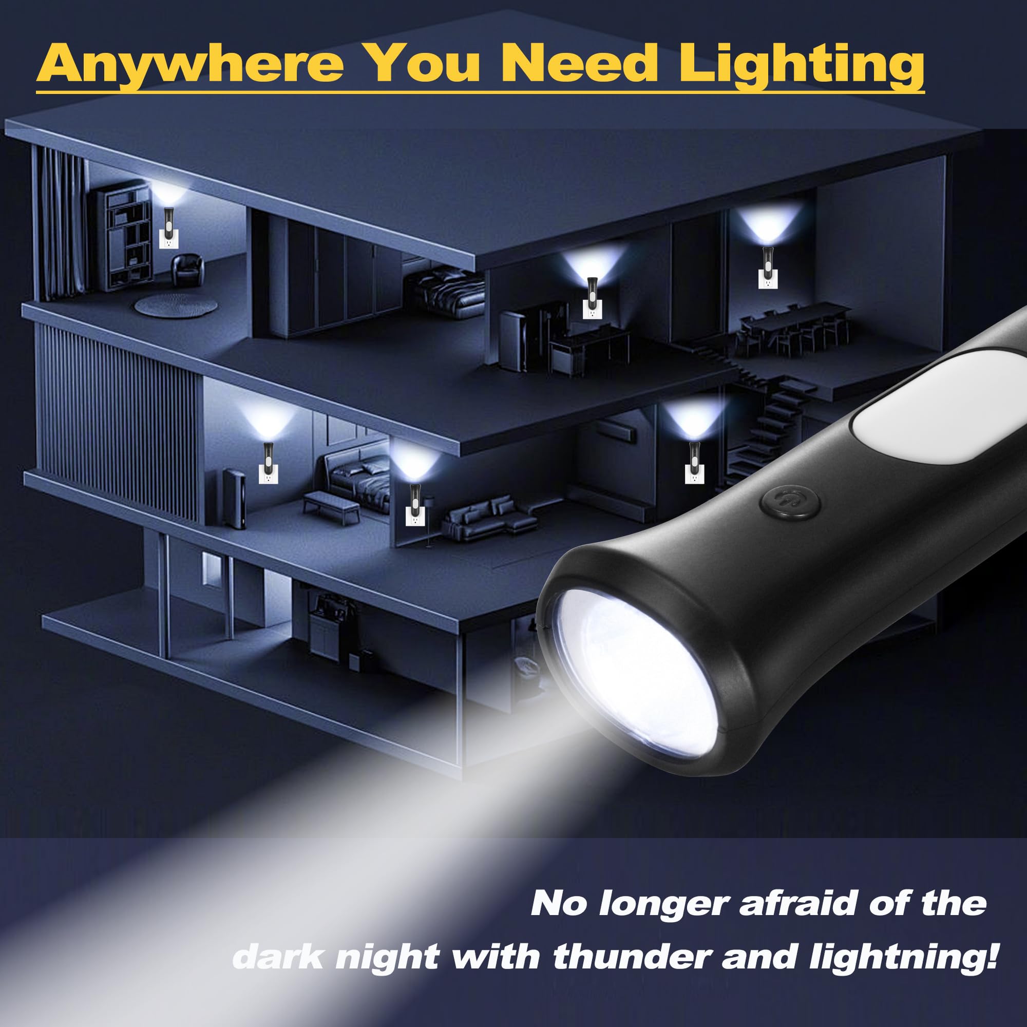 Rossex 4 In 1 Emergency Power Failure Lights For Home, 3 Pcs Rechargeable Led Flashlight, Automatic Turn-On Power Outage Light Plug In Wall For Snow Storm Weatheready, Black