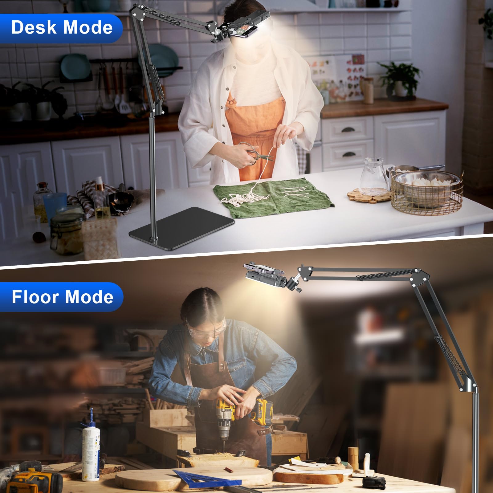 Mionondi Overhead Phone Tripod For Cooking Videos With Rechargeable Light, Move Around Floor Phone Stand With Ring Light Content Creator Video Recording Selfie Photography Tiktok Youtube Compatible With Iphone