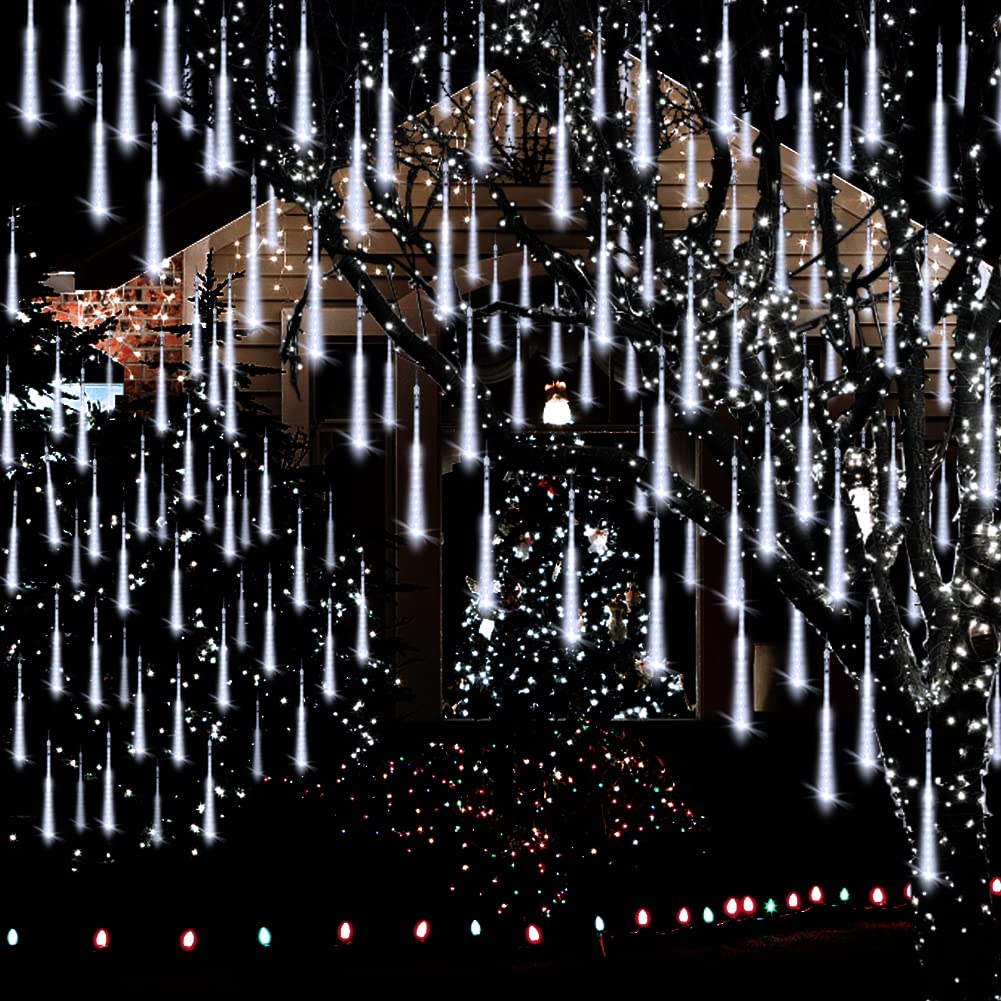 Adecorty Christmas Lights Outdoor, Meteor Shower Lights 8 Tubes 192Led Ul  Snow Falling Rain Cascading Icicle Light For Xmas Tree Christmas Decorations Outdoor Wedding Party Window, White