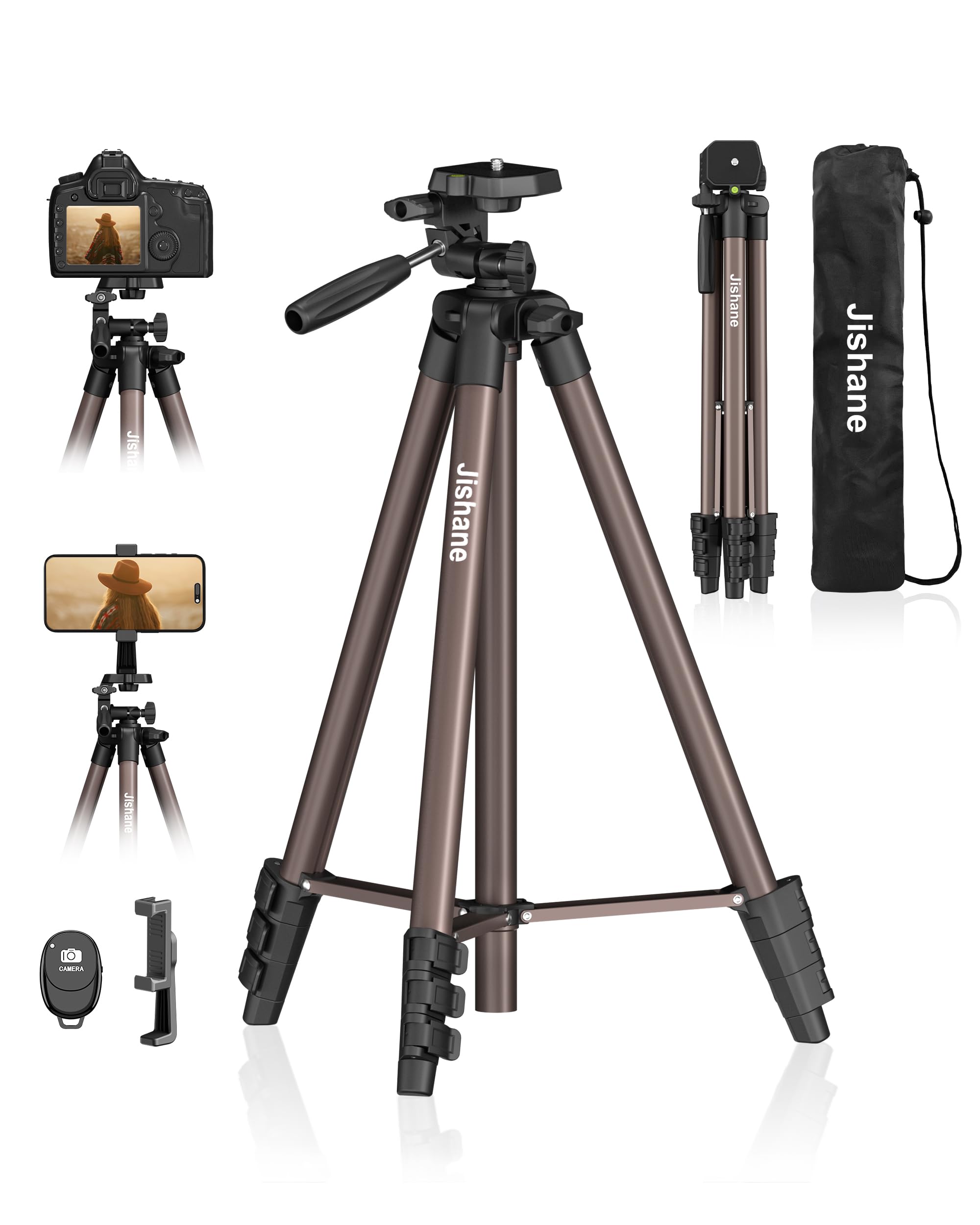 Jishane 71" Camera Tripod, Lightweight Aluminum Phone Tripod With Wireless Remote, Phone Holder & Carry Bag, Portable Travel Camera Stand For Smartphones Canon Nikon Dslr Cameras, Max Load 6.6 Lb (Brown)