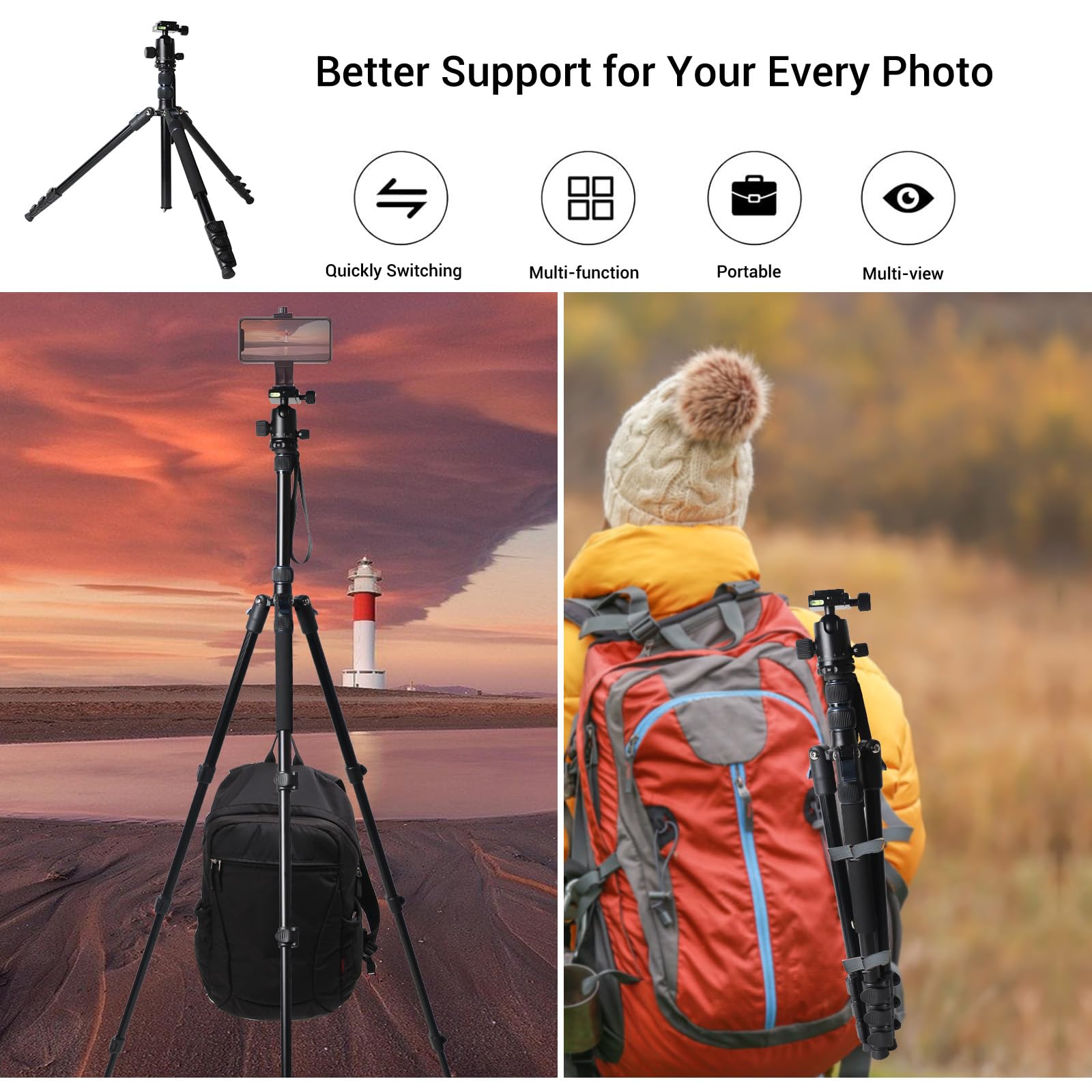 Jafuqaw 71" Camera Lightweight Foldable Aluminum Tripod & Monopod With 360° Ball Head Payload 33Lbs, Adjustable Height Professional Travel Tripod For Dslr Camera Shooting Smartphone