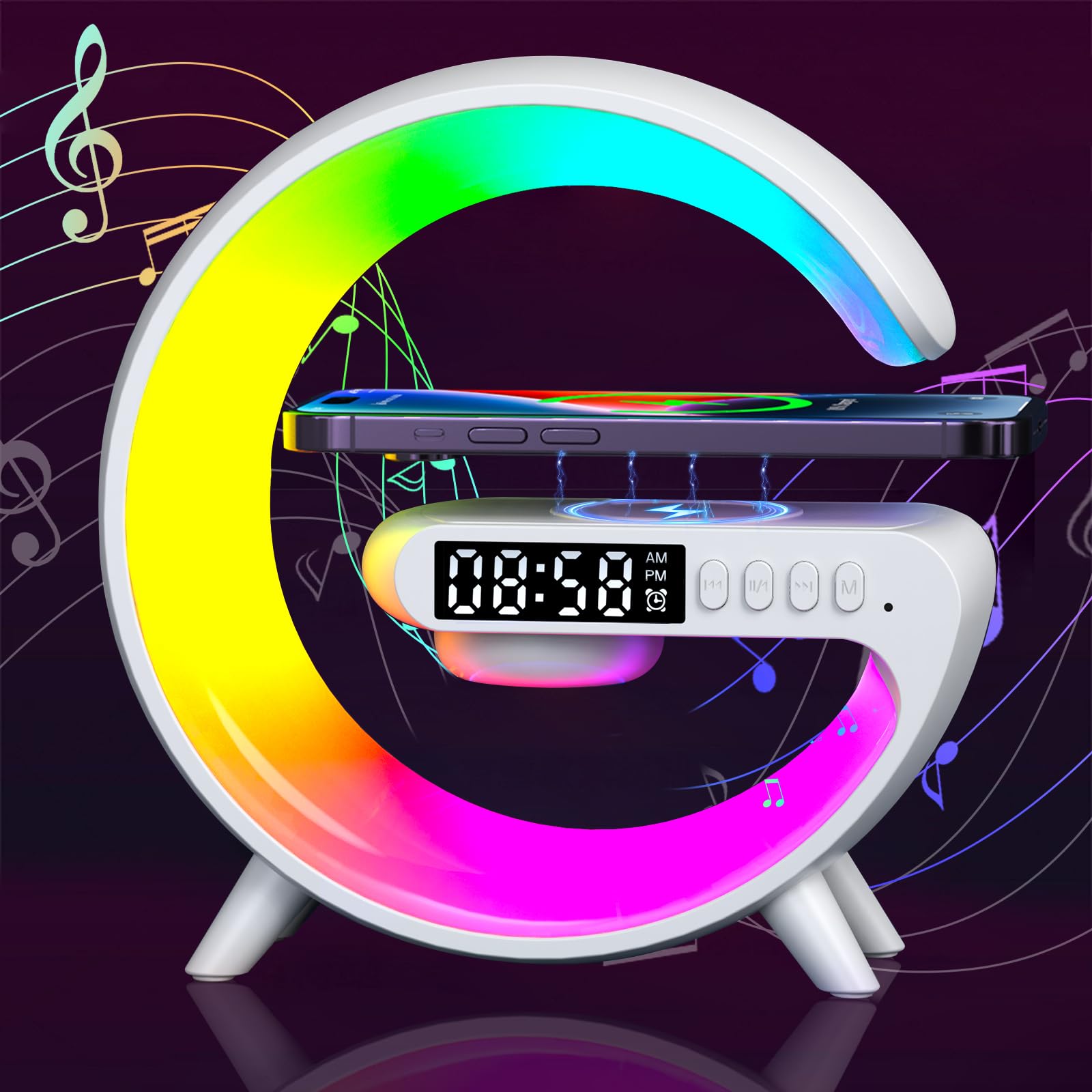 Longzhuo Wireless Charger Atmosphere Lamp, 4-In-1 Bluetooth Speaker With Lights, Bedside Lamp With Clock, Color Changing Sound Machine Smart Led Table Lamp For Home Decor, Bedroom, Office (White-Usb)