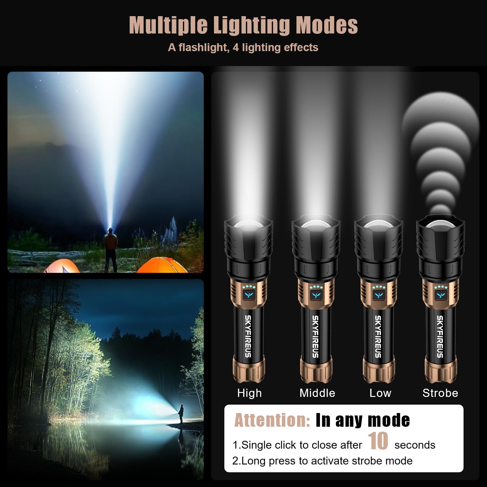 Skyfire Led Flashlight High Lumens,Super Bright Rechargeable Flashlight 8000Mah,Zoomable,Four Modes,Waterproof Flash Light For Camping Essentials,Outdoor And Home Emergencies-Gold&Black
