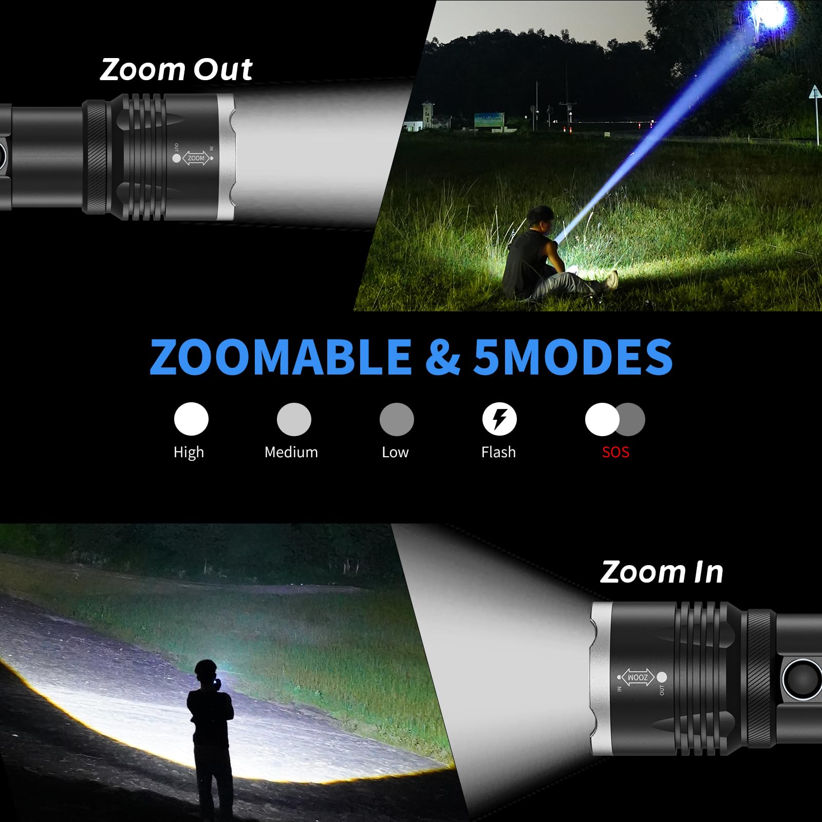 Wryface Rechargeable Led Flashlight High Lumens Super Bright Flashlight, 5 Modes Tactical Flashlight With Zoomable,Ipx5 Waterproof,Powerful Handheld Flash Light For Emergencies, Hiking, Camping