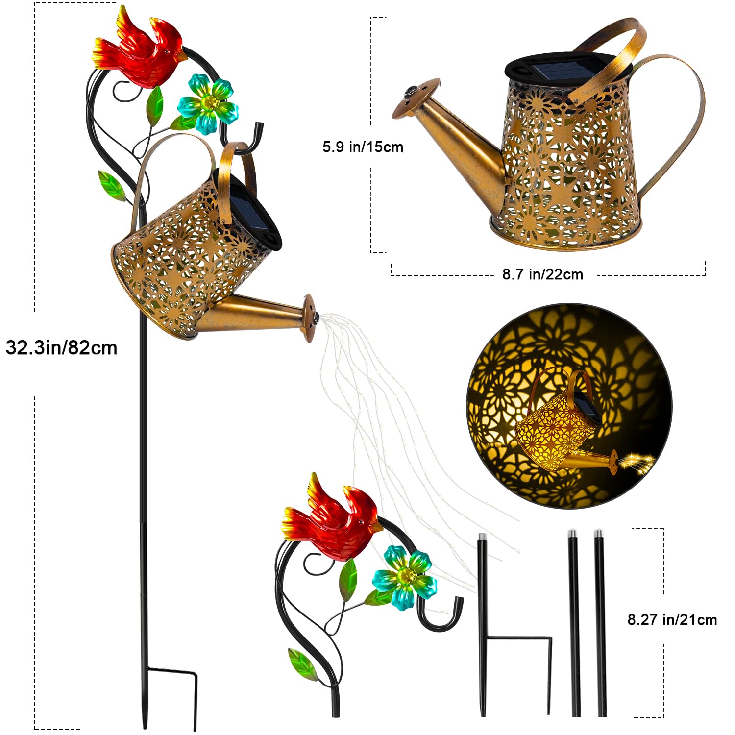 Edof Solar Lights Outdoor Garden Decor,Solar Watering Can With Cascading Lights,Fairy Gardening  For Birthday Women Mom Grandma,Watering Can Lights With Cardinal Shepherd Hook For Outside Pathway Yard