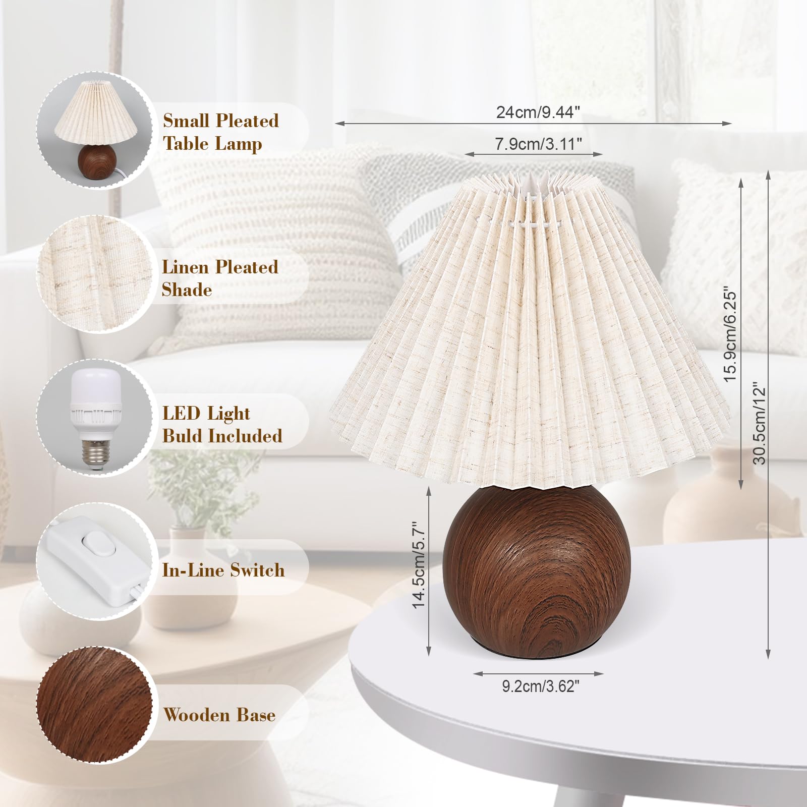 Jachoyi Small Pleated Table Lamp, Bedside Nightstand Lamp With Off White Lampshade, Morden Mini Lamp For Bedroom Home Office Decor, E27 Bulb Included