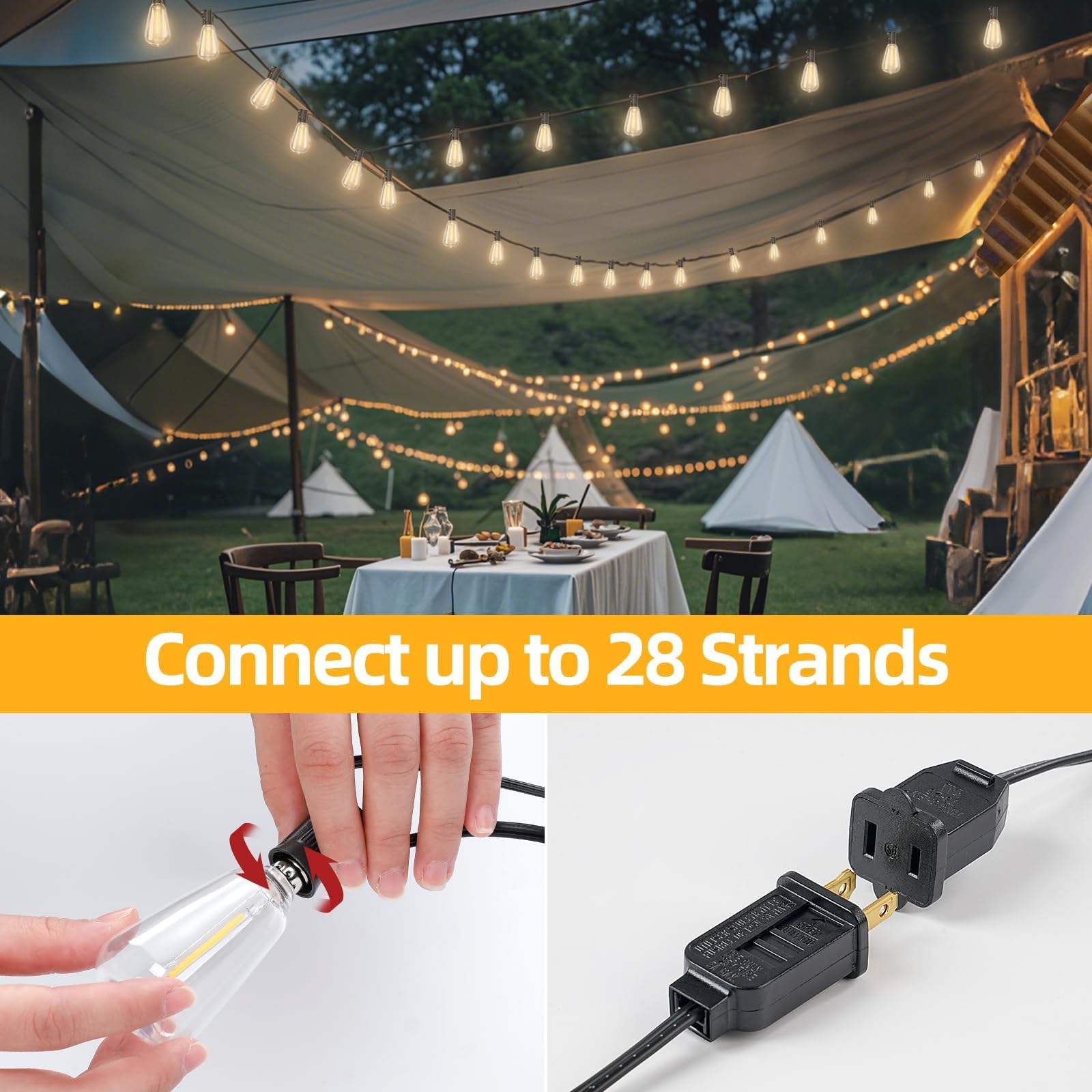 Hobbynors St38 50Ft Led Outdoor String Lights With 25+2 Spare Bulbs, E12 Socket, 2700K Warm White-For Backyard, Wedding, Camping, Porch, Deck, Gazebo, Bistro Decor