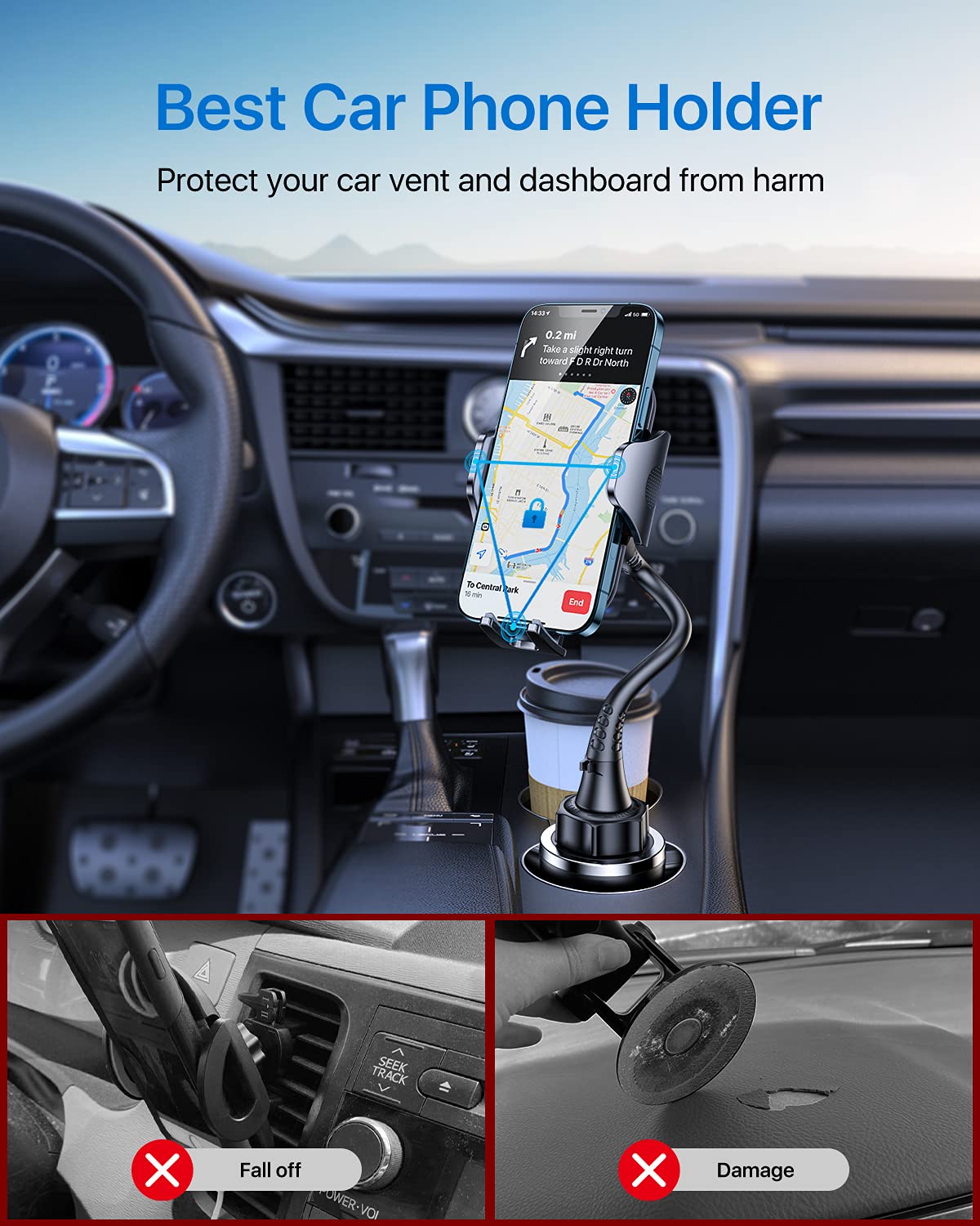 Danmus  Car Cup Holder Phone Mount With Extendable Base, [15-In Adjustable Long Gooseneck] [Military-Grade] Car Truck Mount Compatible With Iphone 15 14 13 12 Pro Max Samsung S23 All