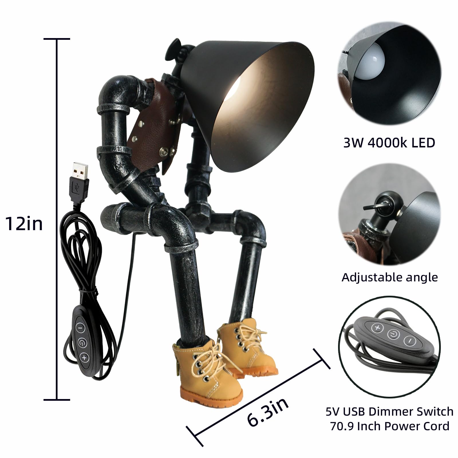 Hamoqi Steampunk Cowboy Robot Table Lamp, Boots & Vest Jacket Design With Metal Pipe Industrial Robot Lights, Adjustable Brightness Cool Desk Lamp,Unique Retro Decor & Creative Art For Men