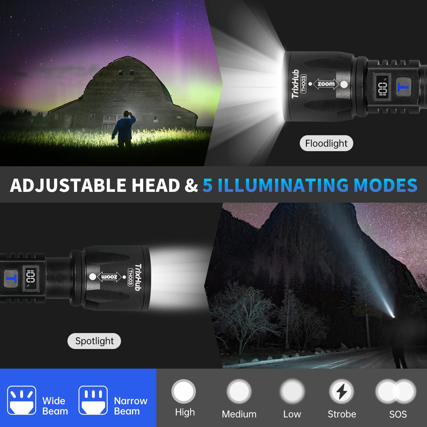 Trixhub Rechargeable Flashlights 2 Pack, 990,000 Lumens Super Bright Flashlight With Lcd Digital Display, 5 Adjustable Mode Powerful Tactical Flashlight, Waterproof Flashlights For Camping Hiking