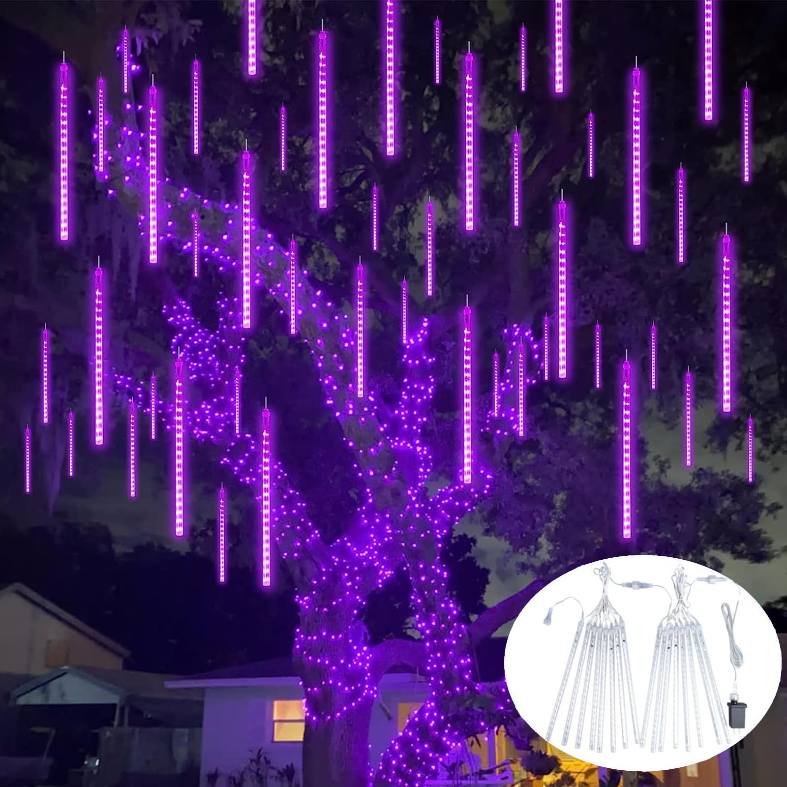 Qitong 2 Pack Extendable Christmas Meteor Shower Lights, Purple Christmas Lights Outdoor, 16 Tubes 384 Leds Plug In String Lights For Christmas Tree Holiday Party