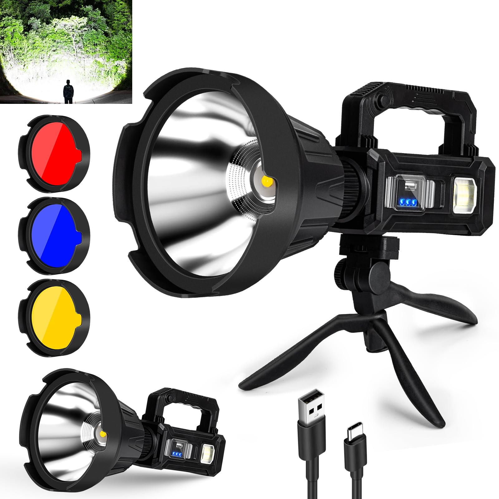 Vinderfine Rechargeable Spotlight, Handheld Super Bright Flashlight 1000000 High Lumens With Foldable Tripod,6 Modes And 4 Colors, Waterproof Ipx6 Searchlight For Camping Fishing Hunting, Usb Output