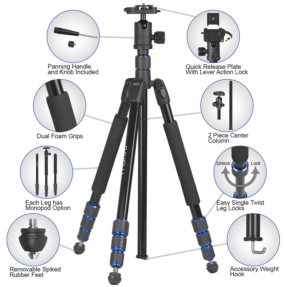 Ravelli Apgl5 Professional 65" Ball Head Camera Video Photo Tripod With Quick Release Plate And Carry Bag