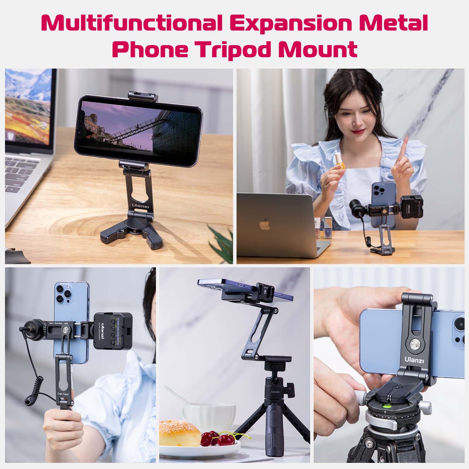 Ulanzi Phone Tripod Mount 2 Cold Shoes & Arca Port, Metal Smartphone Adapter For Iphone, Cell Phone Vlog Tripod Stand Holder For Desktop Video Live Streaming Vlogging Rig