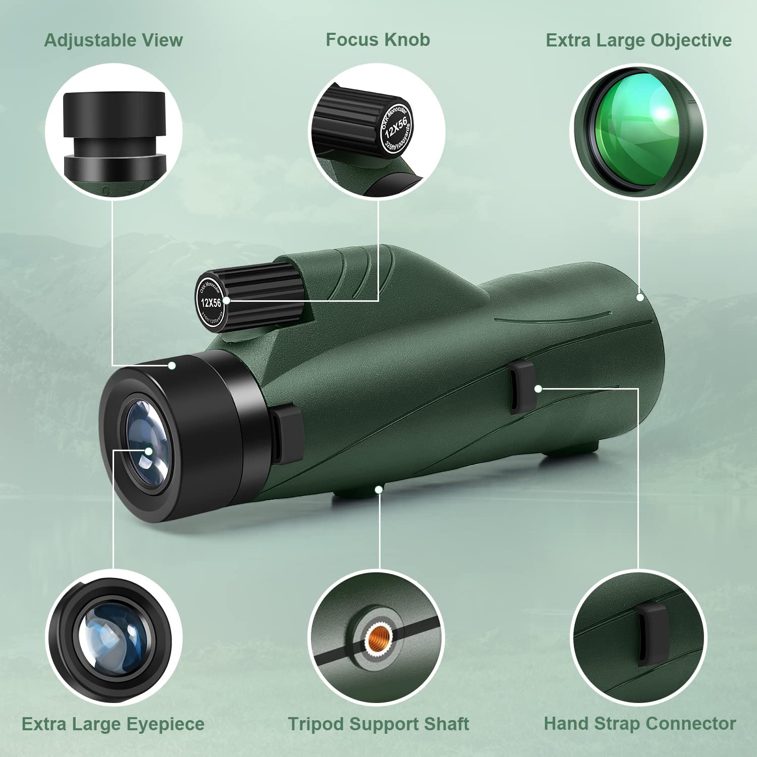Oxk Optics 12X56 High Power Monocular Telescope With Smartphone Adapter Tripod Travel Bag, Larger Vision Monoculars For Adults With Bak4 Prism & Fmc Lens, Suitable For Bird Watching Hunting Hiking Camping