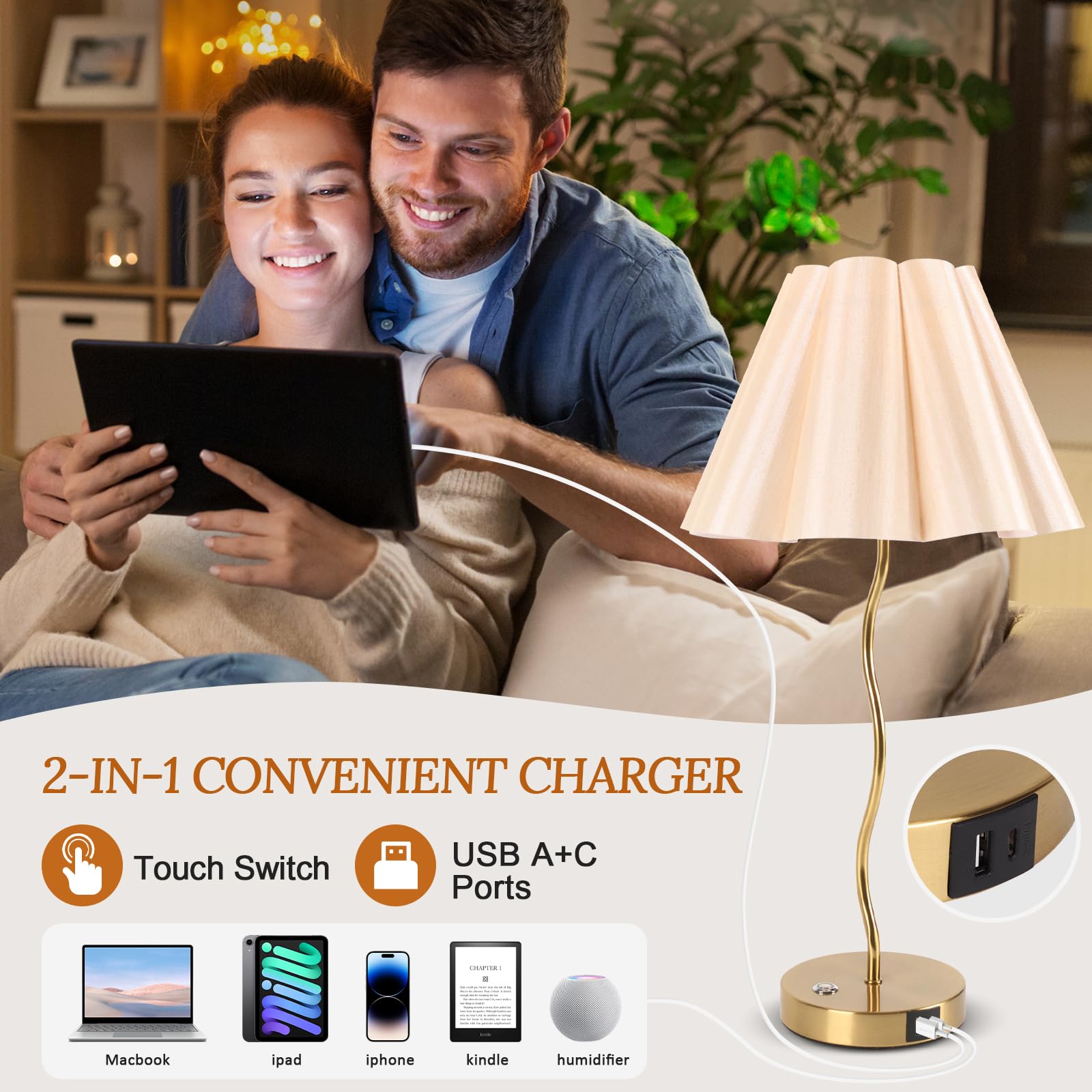 Eidearay Table Lamp For Bedroom, Modern Table Lamp With Touch Dimmable And Pleated Beige Lampshade, Gold Bedside Tables Lamp With Usb C+A Charging Ports For Bedroom Living Room Home Office