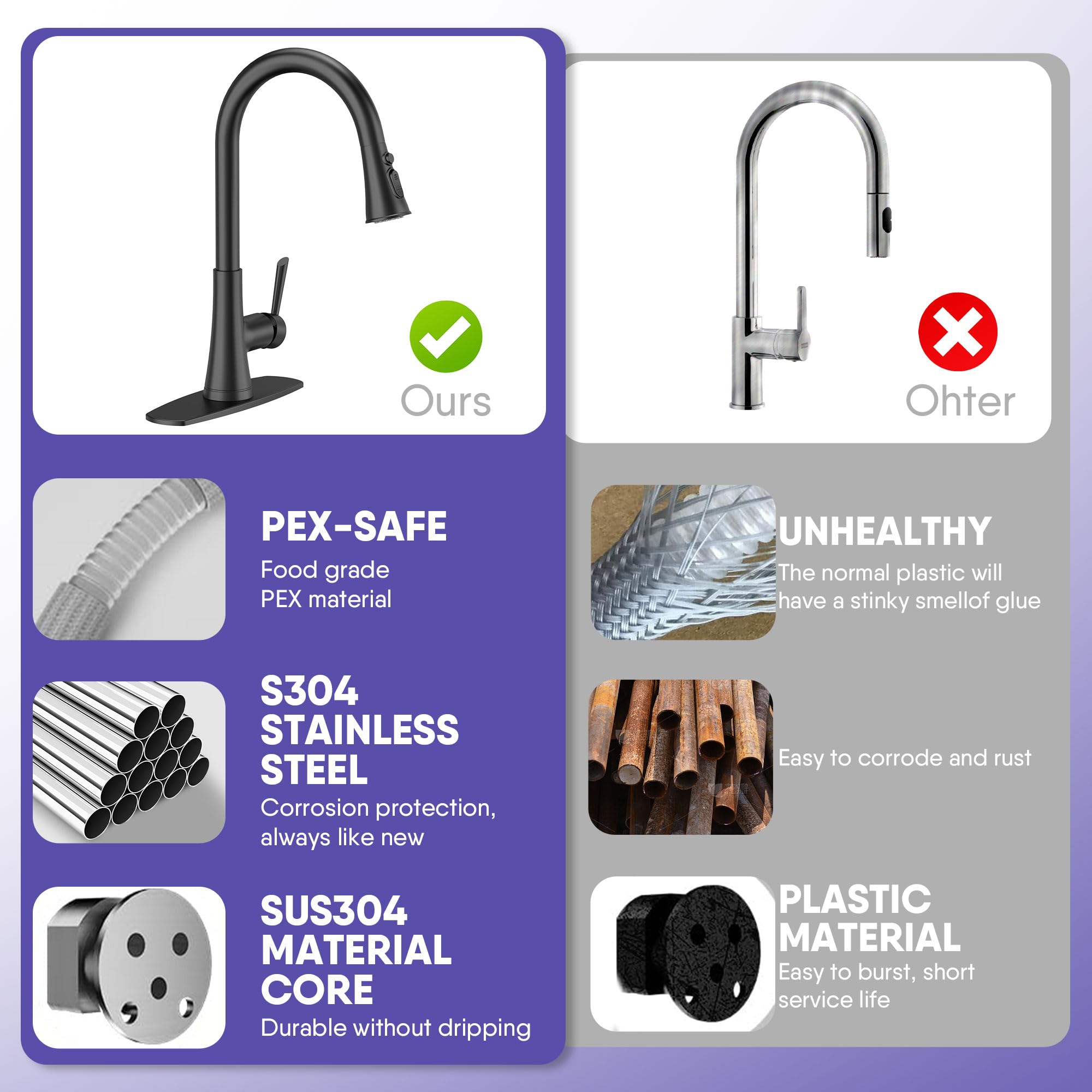 Arrisea Matte Black Kitchen Sink Faucet With Soap Dispensor, Stainless Steel Kitchen Faucets 3 With Modes Pull Down Sprayer Faucet For Bar Laundry Rv Utility Sink