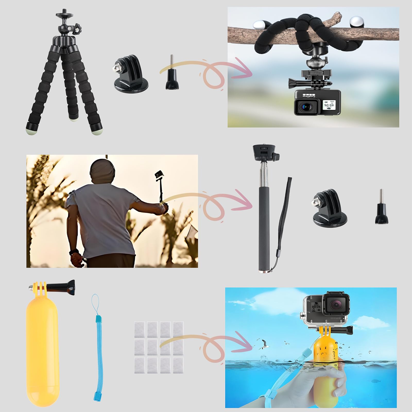 La Nreucets Action Camera Accessory For Gopro Hero 12/11/10/9/8/7/6/5 Akaso Ek7000 Insta360 X2 X3 Dji Osmo 4 3 2 Dbpower Apeman Yi Victsing