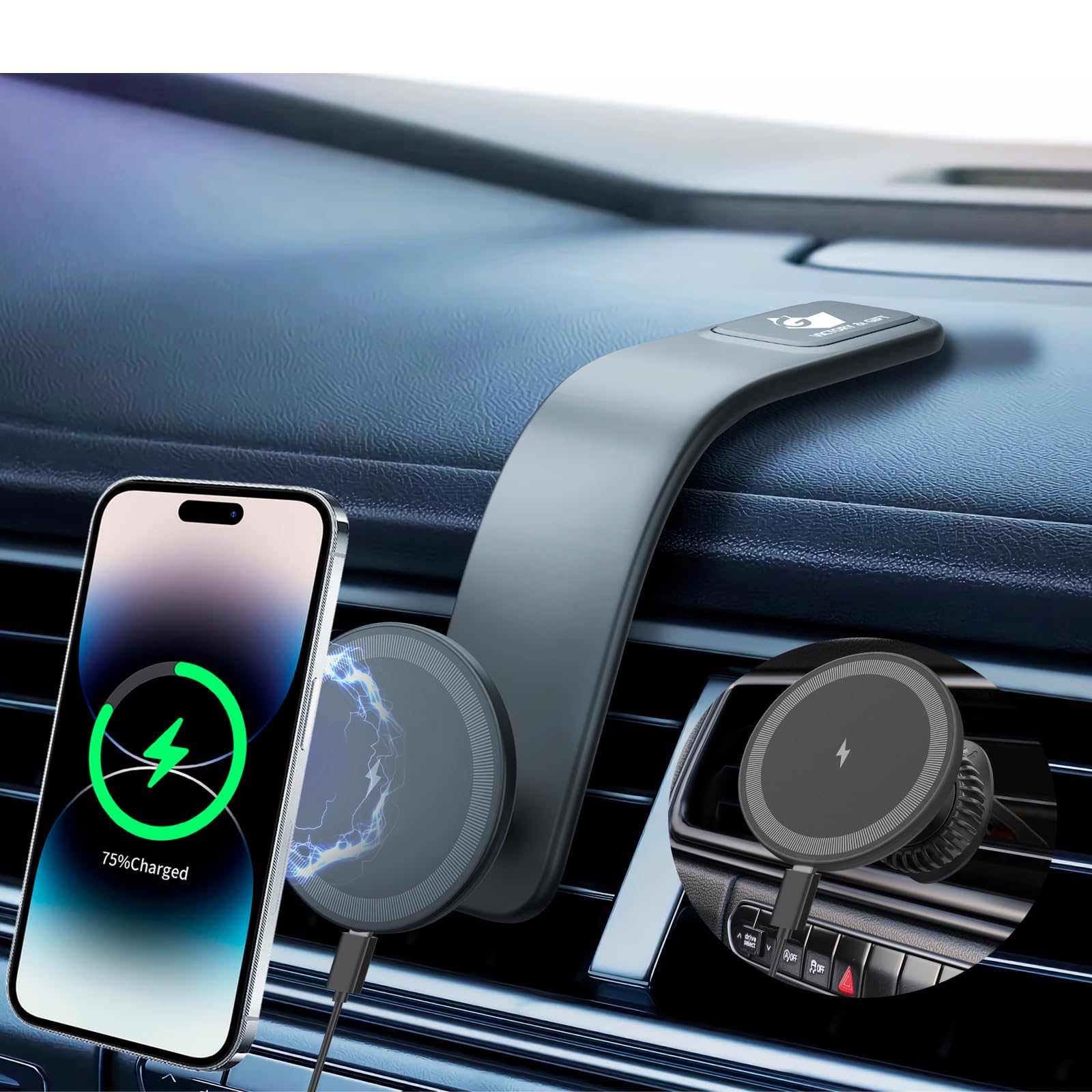 Victory &  15W For Magsafe Car Mount Charger: Relocatable Car Phone Mount With 360° Adjustable Aluminum Arm , For Car Phone Mount Charger Dashboard/Windscreen/Vent Fit,Magnetic Phone Holder For Car
