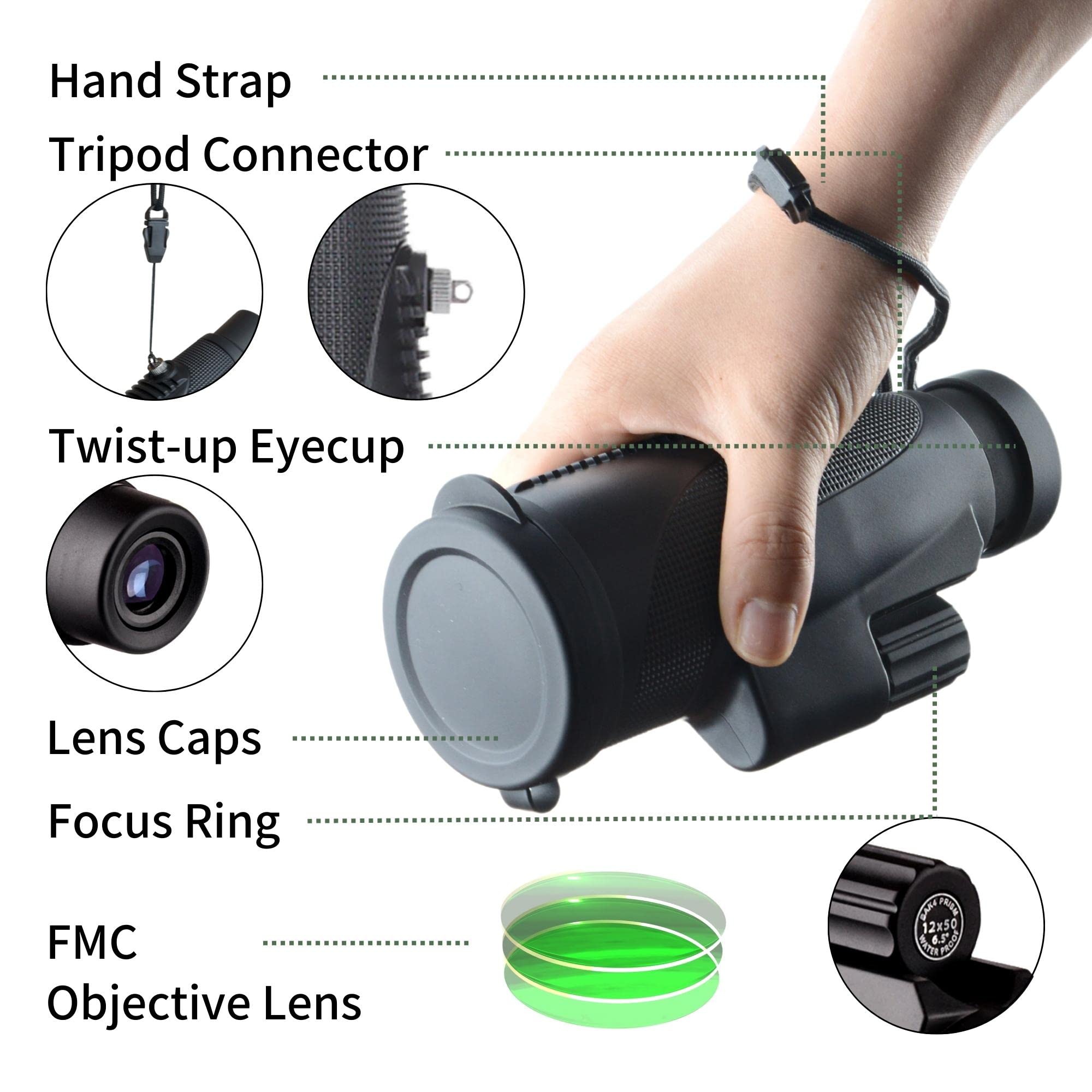 Gosky 12X50 Monocular For Adults, Monocular Telescope With Bak4 Prism & Fmc Lens,Lightweight Monocular Ideal For Bird Watching Hunting Wildlife Hiking Traveling-Black