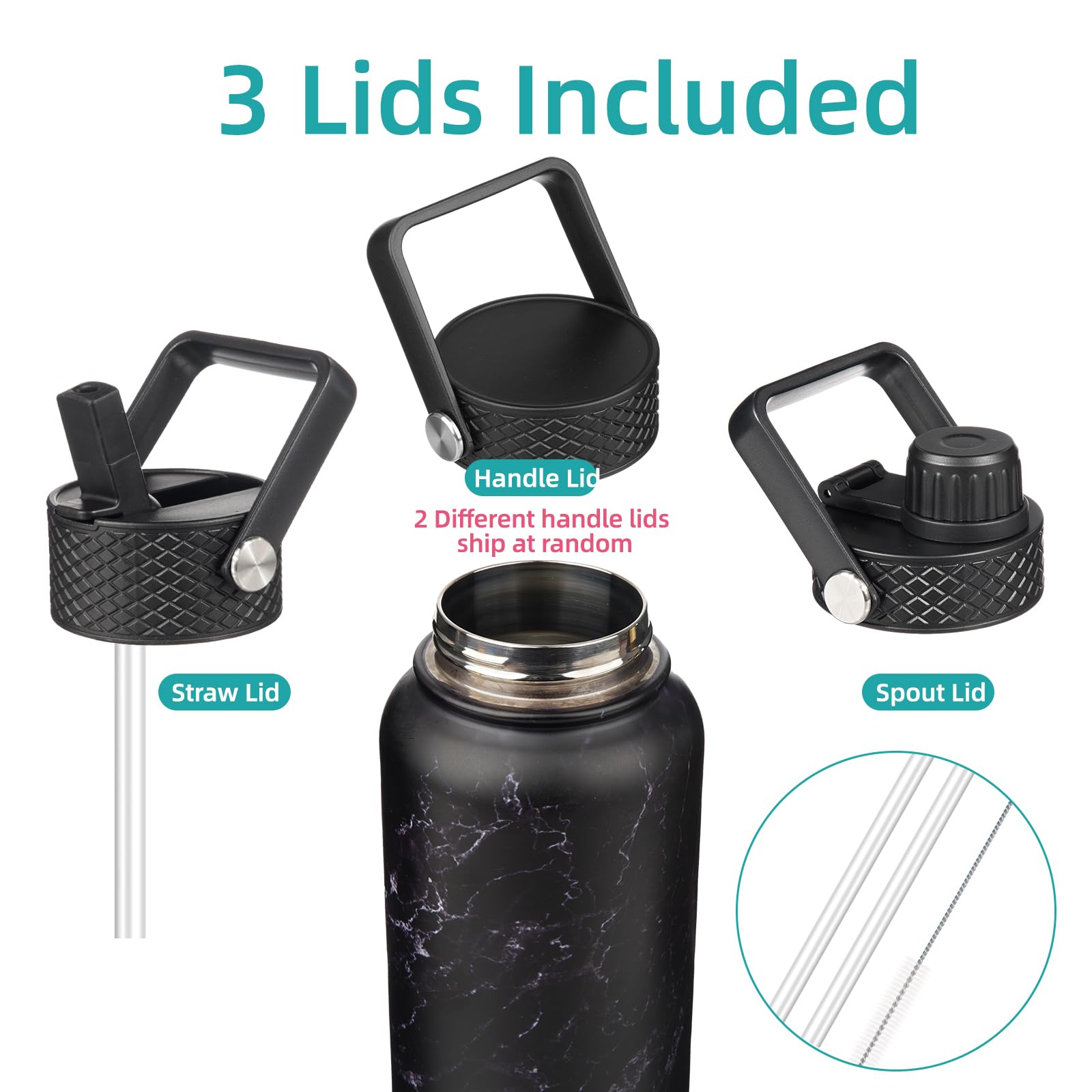 Insulated Water Bottle 24Oz Stainless Steel Sport Bottles With 3 Lids,Marble Midnight