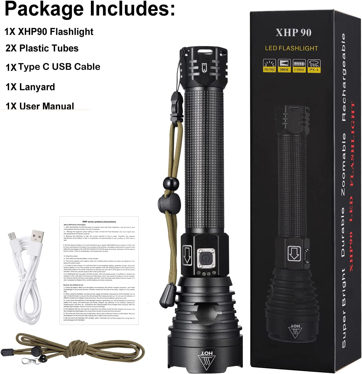 Namina 160000Lm Most Powerful Xhp90 Led Flashlight Brightest Zoom Torch P90 Type C Usb (Updated Version)