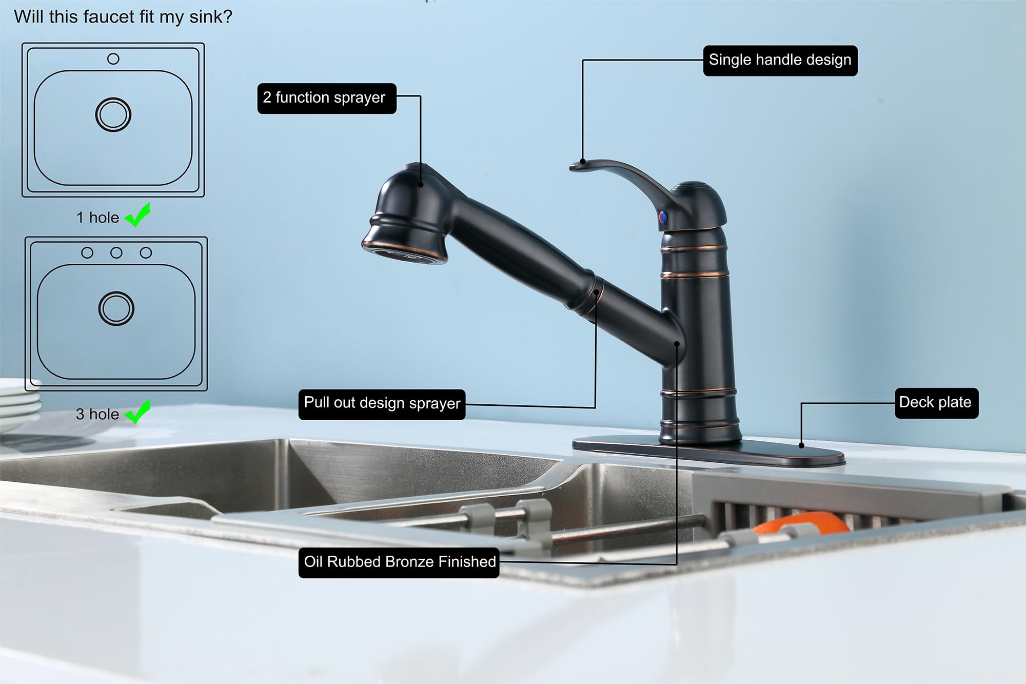 Derengge Single Handle Pull Out Kitchen Faucet,1 Hole Or 3 Hole Installation Kitchen Sink Faucet With Deck Plate, Oil Rubbed Bronze