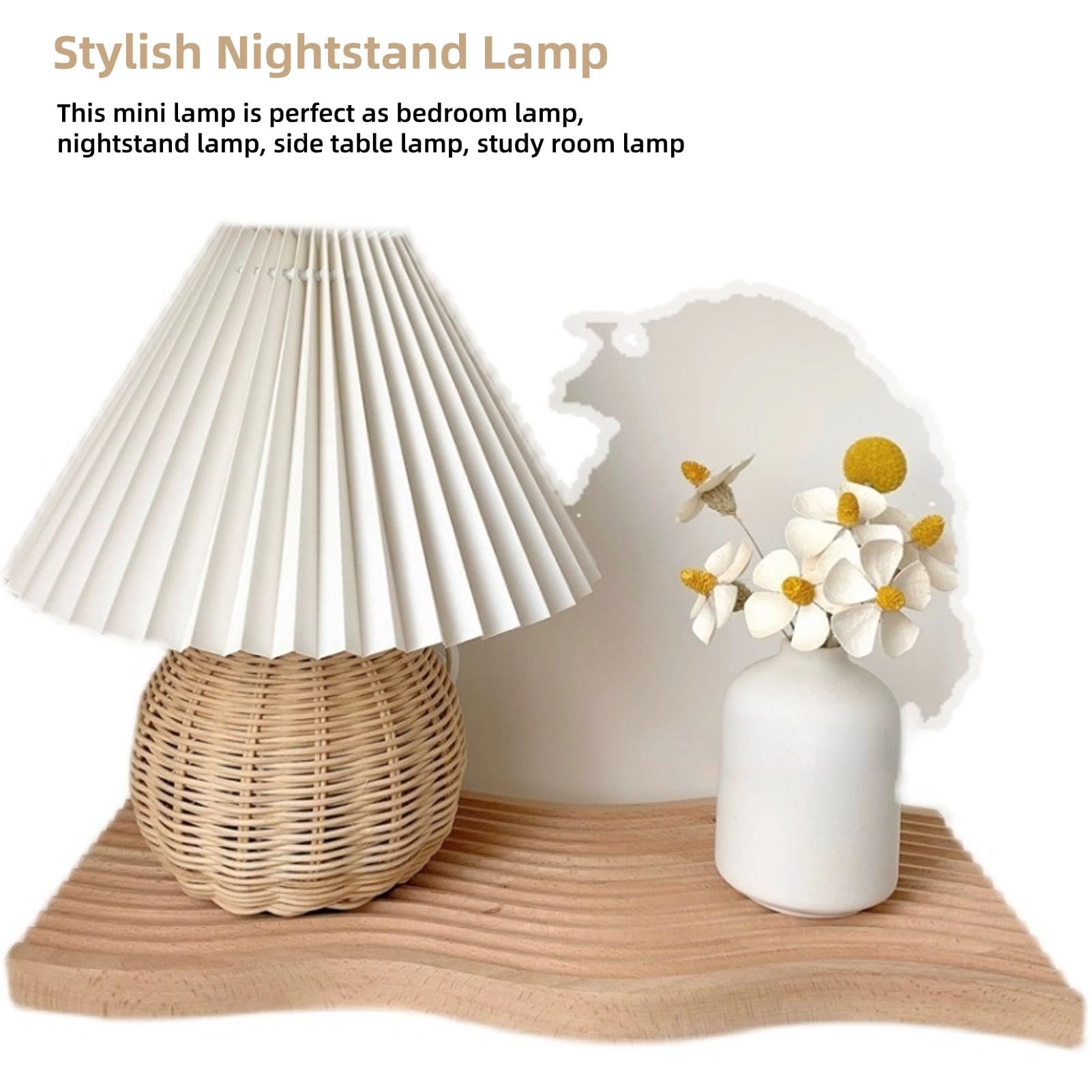 Eimsoah Rattan Wicker Pleated Table Lamp,Modern Bedside Nightstand Lamp,Small Table Lamp For Bedroom Living Room,Side Table Rattan Pleated Aesthetic Vintage Lamp, Bulb Not Included