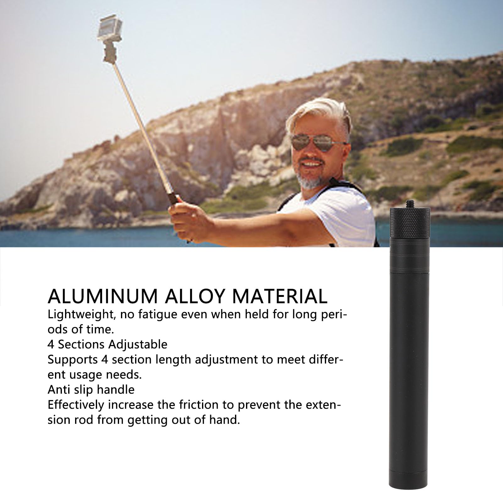 Acouto Lightweight 4 Sections Aluminum Alloy Extension Rod With 1/4 Inch Screw For Feiyu Stabilizers 21-73Cm Adjustable Length Anti Slip Handle Expandable Tripod Thread