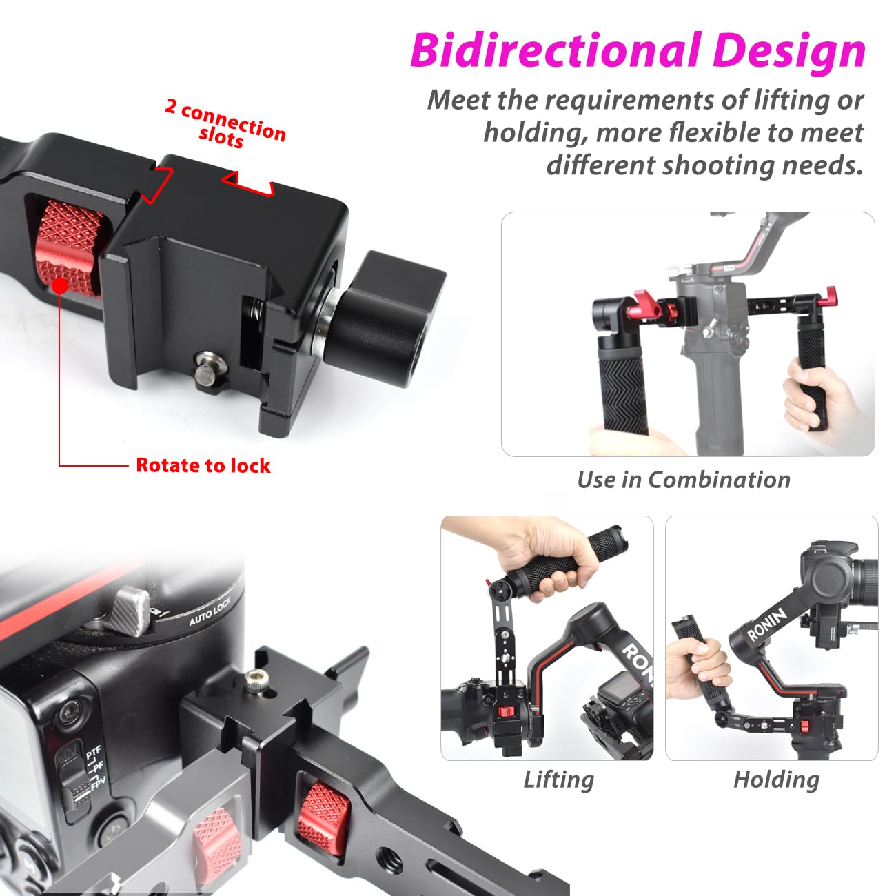 Akeipho Adjustable Nato Briefcase Sling Handle For Dji Ronin Rsc2 / Rs3 / Rs3 Mini, Gimbal Handgrip Extension Grip With Cold Shoe Mount 1/4" 3/8" Holes For Video Light, Microphone, Monitor