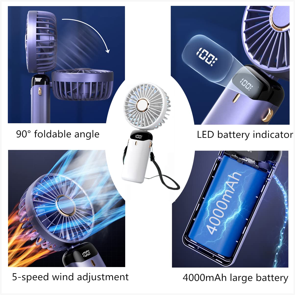 Handheld Portable Fan,Mini Personal Foldable Hand Fan,4000Mah,Usb Rechargeable,5 Adjustable Speeds