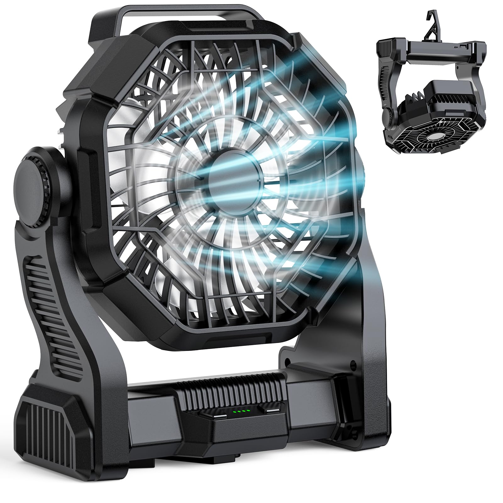 Portable Fan Rechargeable, Real 10000Mah Battery Powered Fan With Led Light And Hook - Koospark