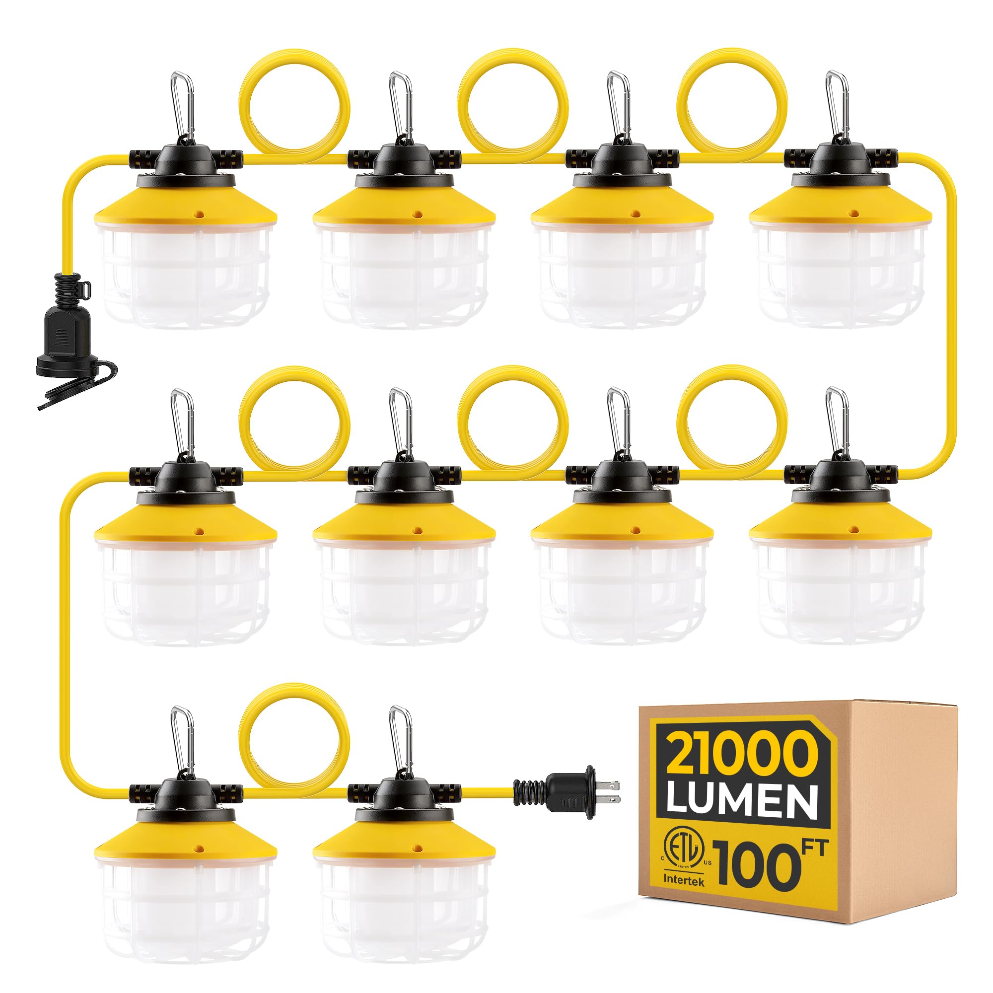Hyanglux 100Ft Construction String Lights: 150W Ultra-Bright 21000 Lumens Etl Listed Linkable Industrial Outdoor Temporary Lighting Ip65 Waterproof Hanging Led Work Light For Attic Jobsite Garage Shop