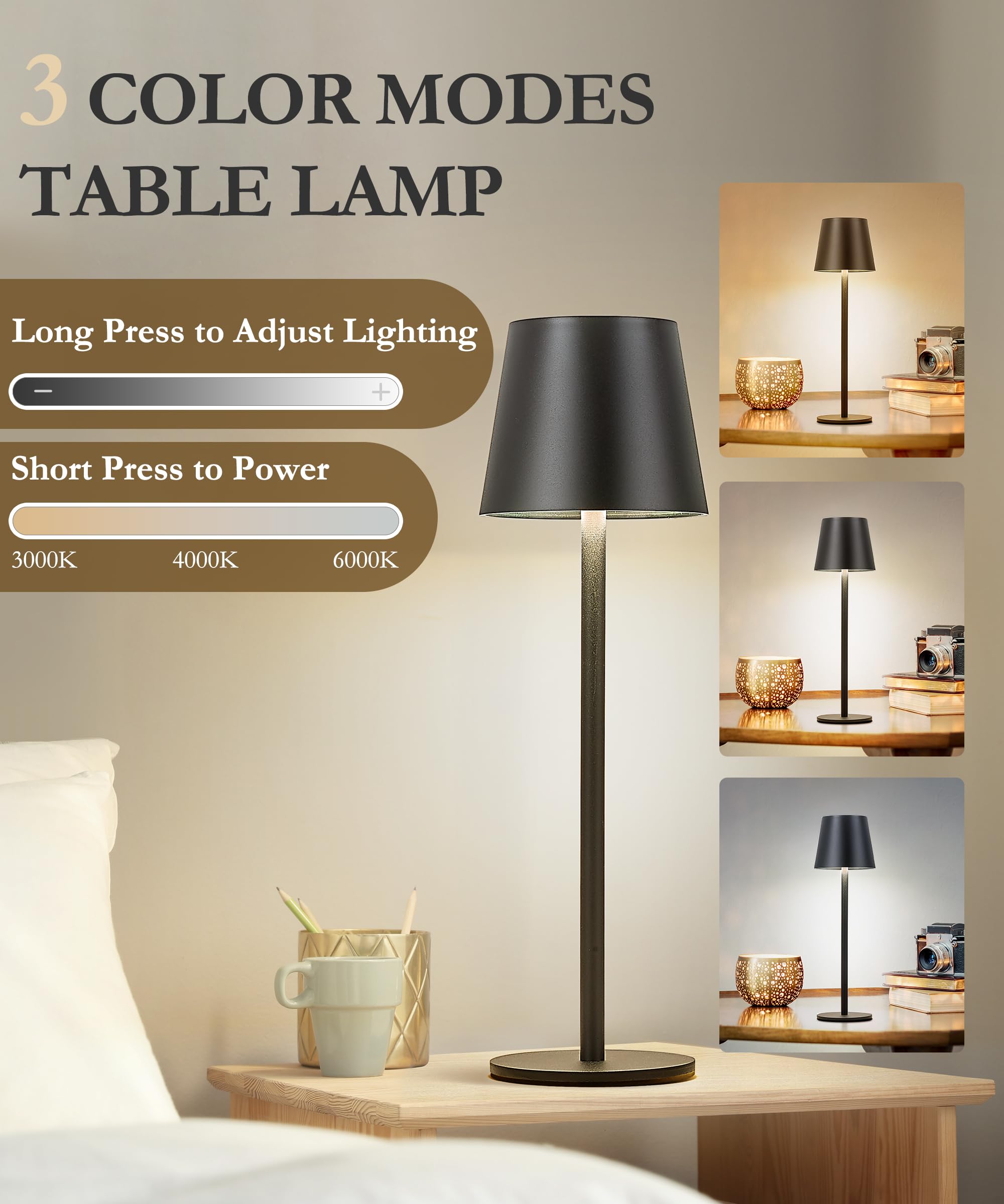 Faithorse 2Pack Cordless Table Lamp, 5200Mah Rechargeable Led Touch Lamp, 3 Color Stepless Dimming Up, Portable Battery Operated Desk Lamp For Living Room/Outdoor Bistro/Brunch Café (Black)