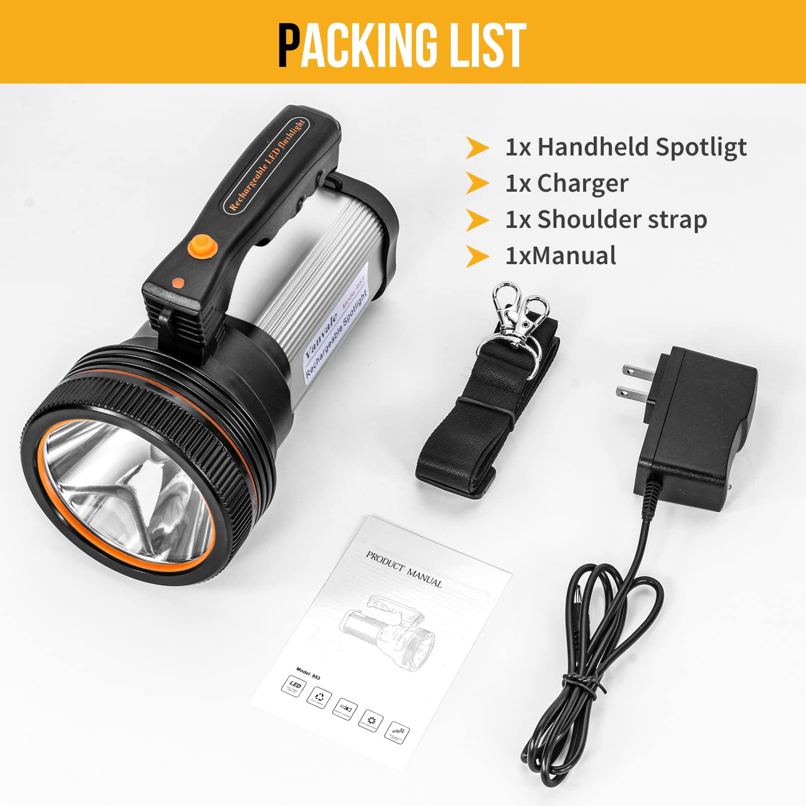 Vanvale Rechargeable Searchlight Handheld Led Utility Flashlight With Handle Spotlight 6000 Lumens High-Power Super Bright Torch With Usb Output Torch (Silver)