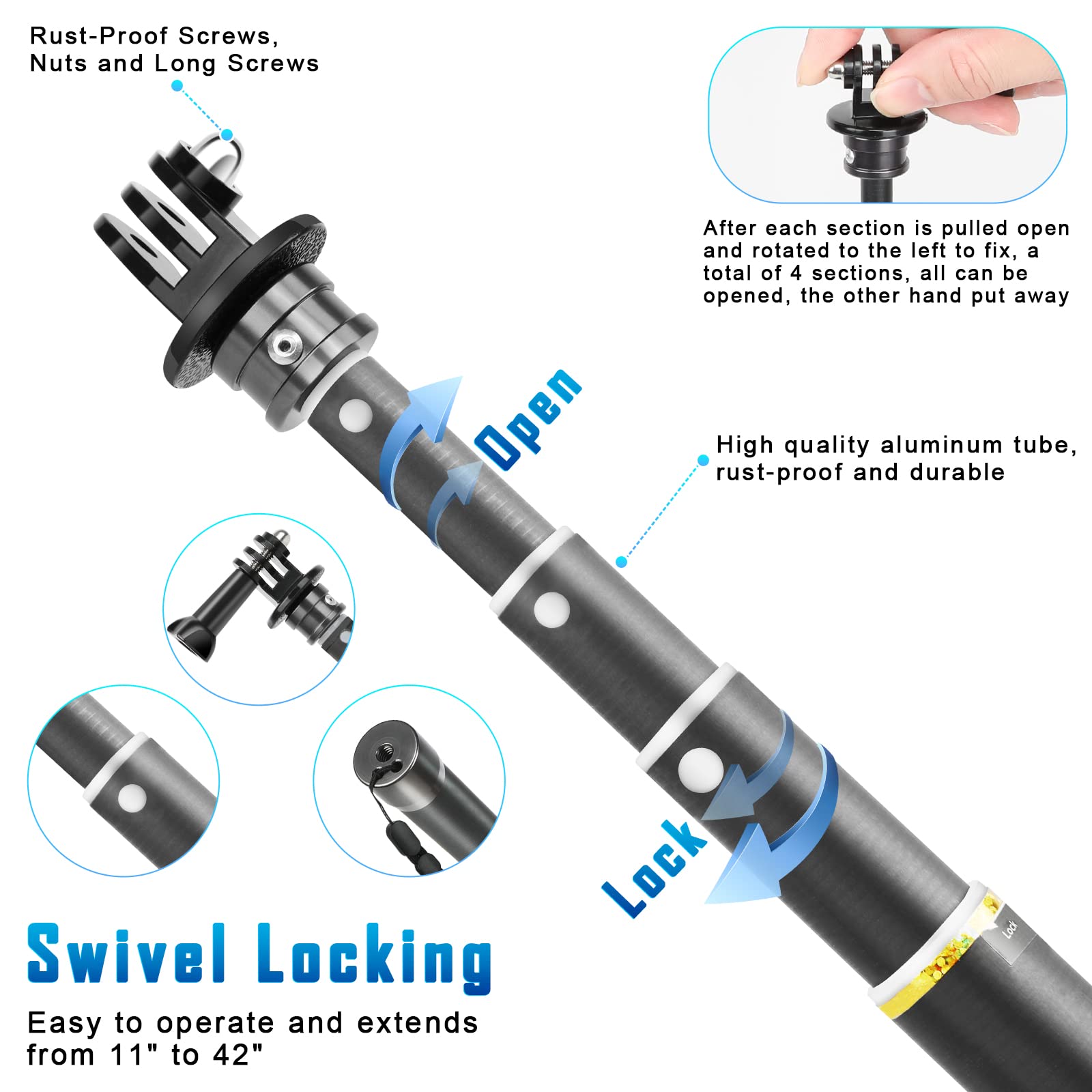 Komclub Monopod Selfie Stick,42 Inch Telescoping Selfie Stick Extendable Poles With Remote Aluminum Tube Stick Adjustable 5 Stage With Hand Strip Portable Selfie Stick Travel Accessories