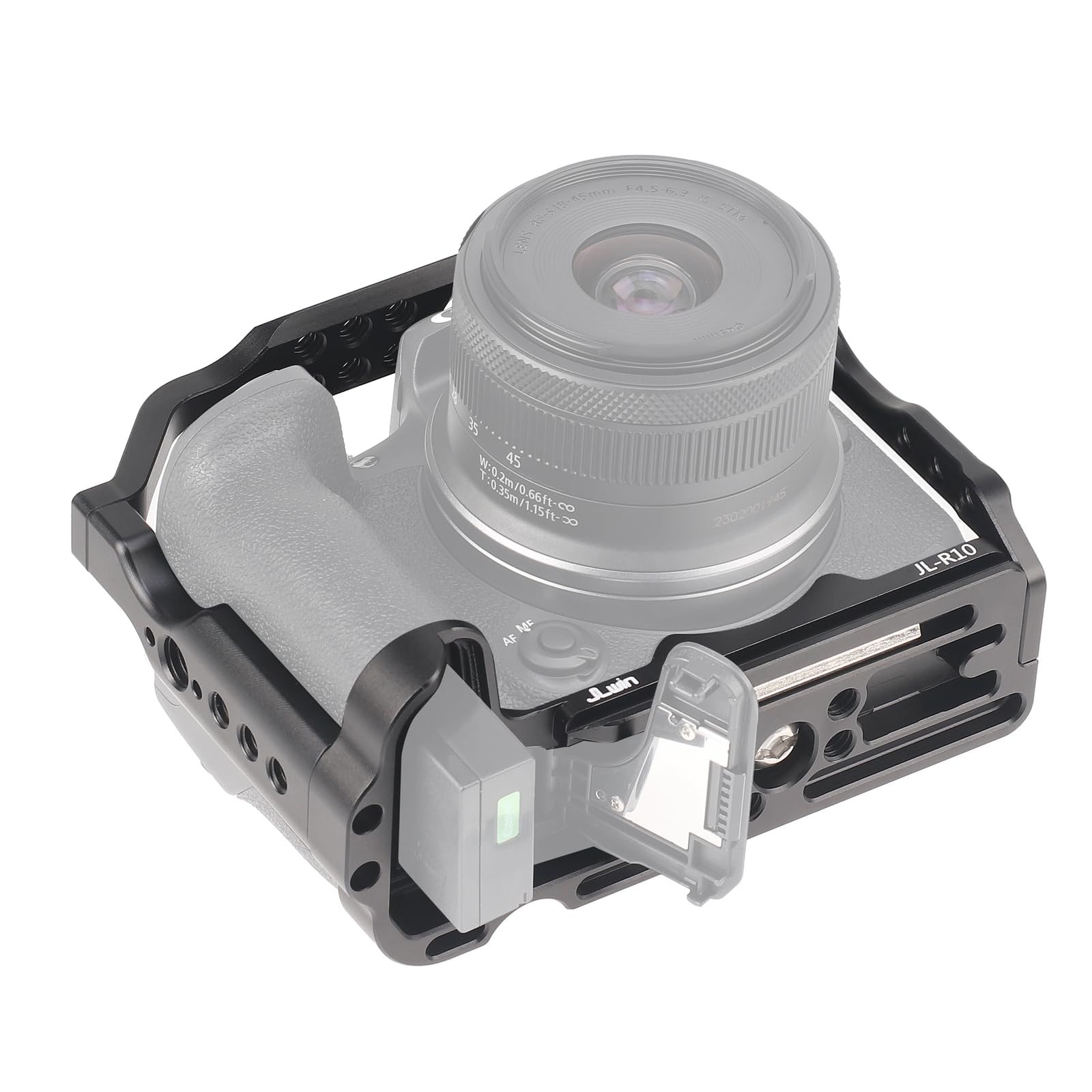 Focusfoto Camera Cage For Canon Eos R10 Mirrorless Camera, Aluminium Video Rig With Nato Rail, Cold Shoe, 1/4" Screw Mouting, 3/8"-16 Locating Pins For Arri Grip, Quick Release Plate For Arca Tripod